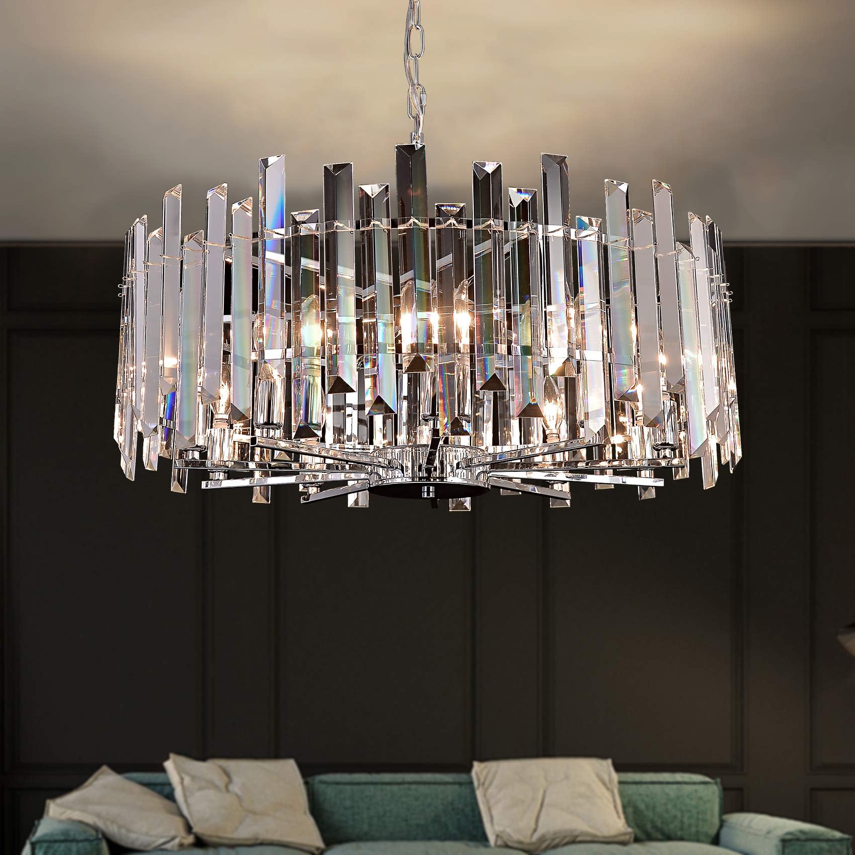 Modern Crystal Chandelier Lighting - Chrome Pendant Ceiling Light Fixture - Contemporary Island Chandelier with Dimmable Function (D27.56) for Living Room, Dining Room, Bedroom & Foyer - Perfect for Home Decor, Wedding Venues and Luxury Interior Design