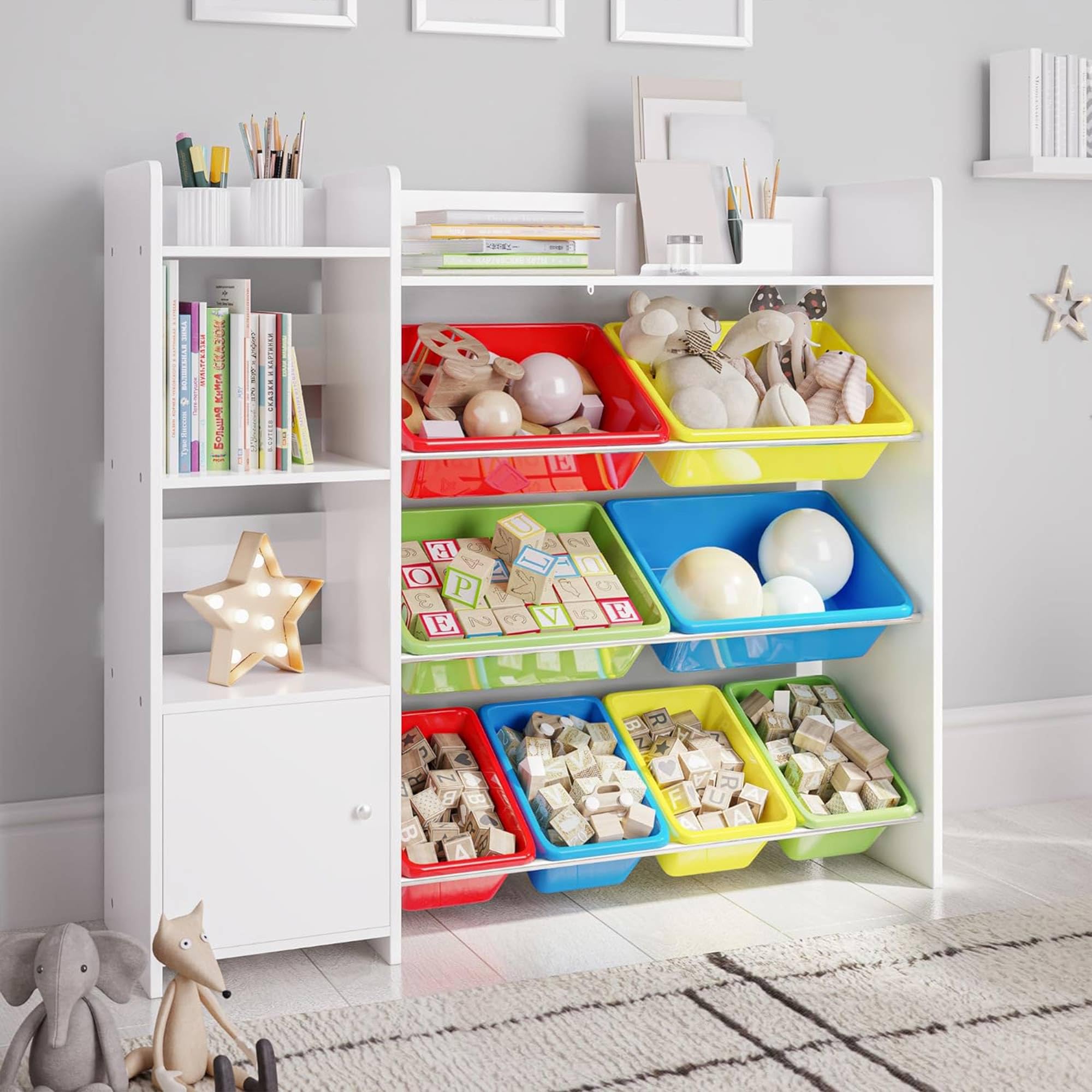 Kids Toy Storage Organizer with Bookshelf - Playroom Organization Unit with Removable Colorful Bins & Anti-Tip Safety Bracket - Multi-Color Toy Shelf for Bedroom, Nursery, and Classroom Organization