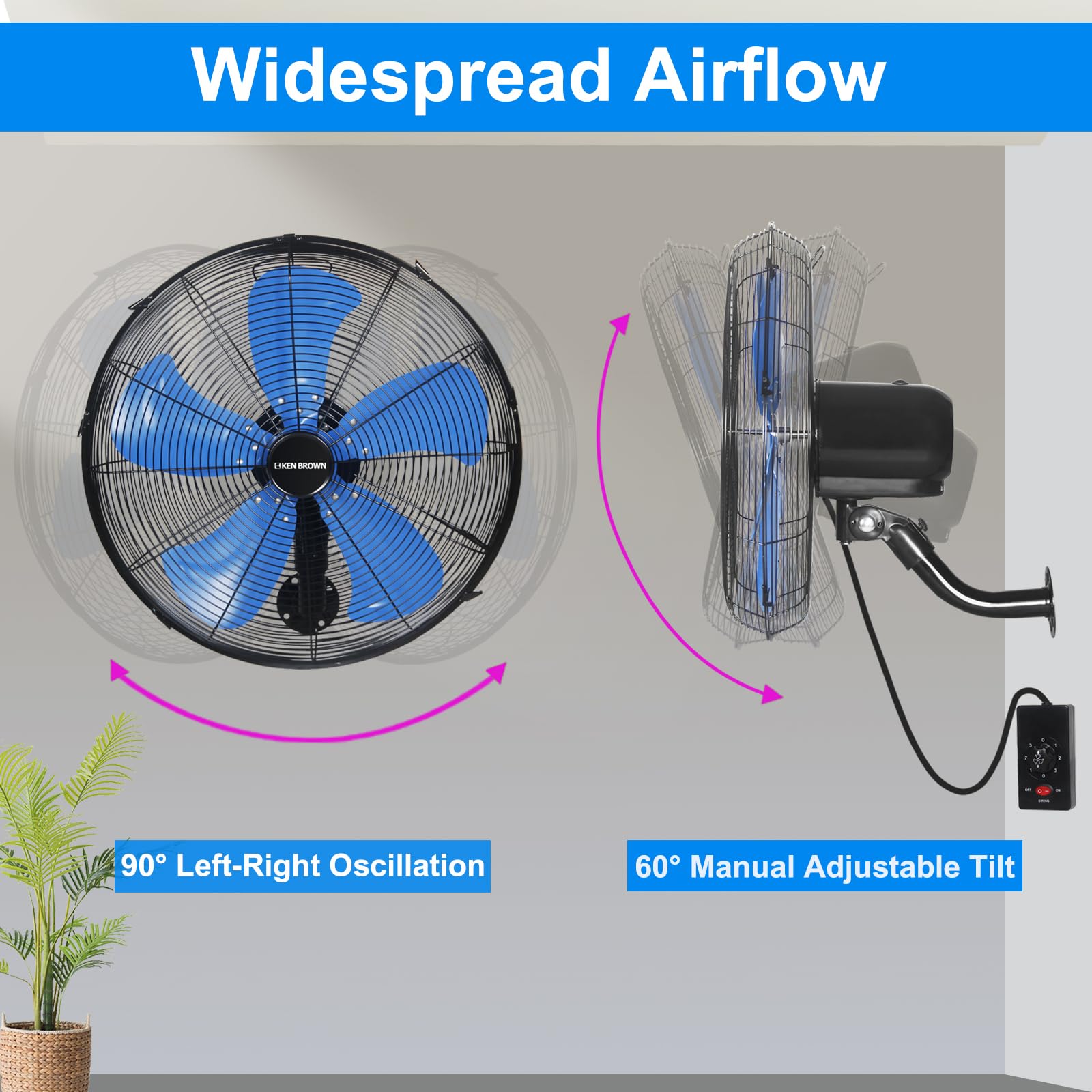 KEN BROWN 18 Inch 3-Speed High Velocity Industrial Oscillating Fan - Wall Mount Fan with 4200 CFM, Separate Switch & 5 Blades - Heavy Duty Metal for Home, Patio, Workshop & Garage - Blue - Perfect for Cooling Large Spaces, Outdoor Areas & Work Environments