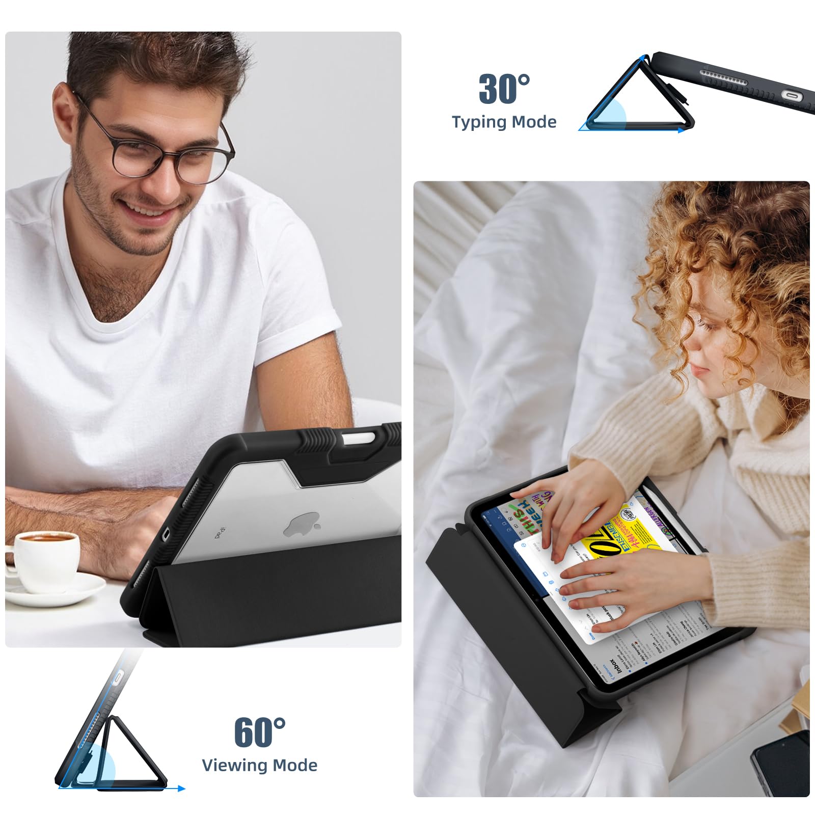 Mastten iPad Pro 11 Inch Case (A16 11th/10th Generation 2025/2022 Model) - Clear Back Protective Cover with Trifold Stand, Apple Pencil Holder & Auto Sleep/Wake Function - Perfect for Work, Study, Travel & Home Use (Black)