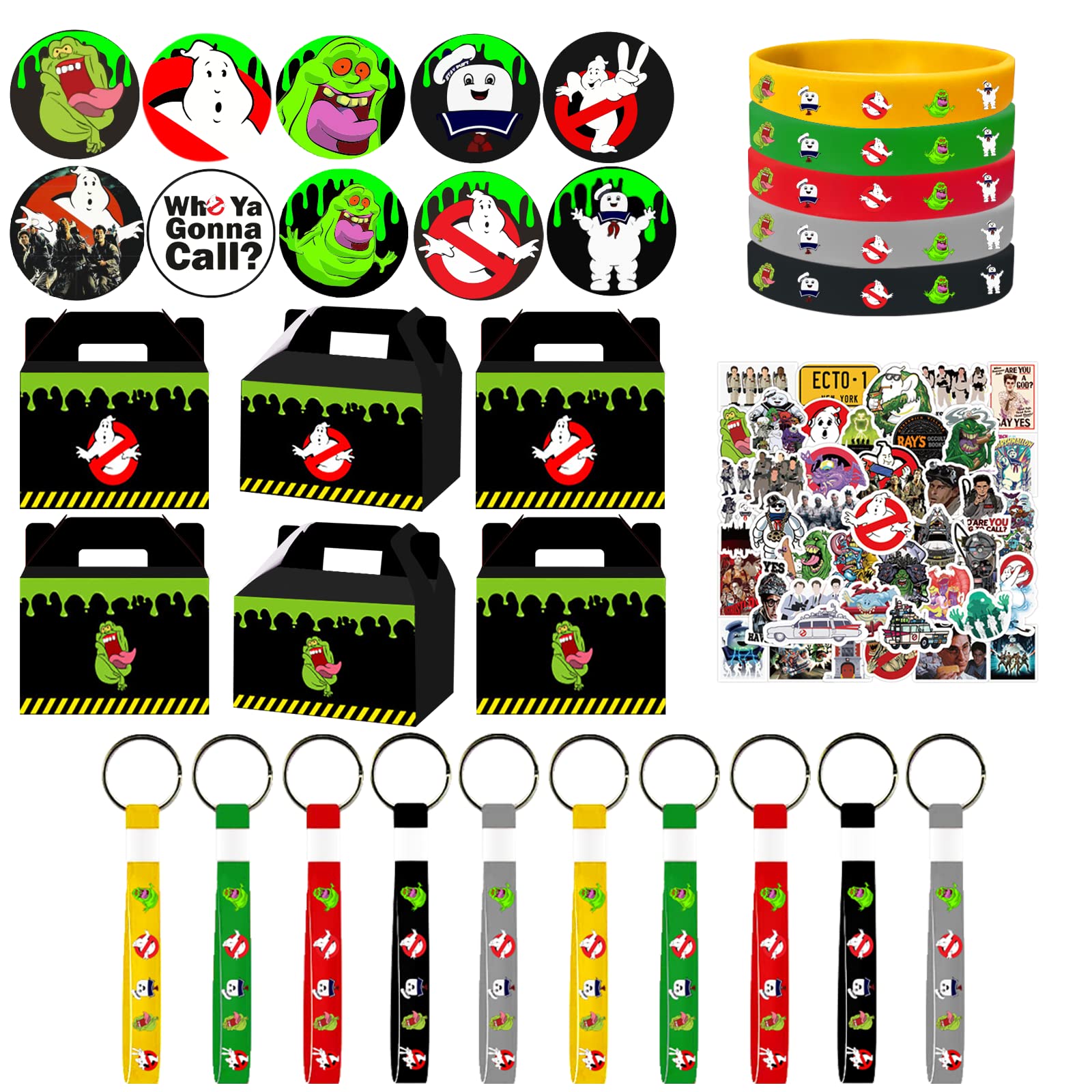 Ghostbusters Party Supplies Kit - 10 Bracelets, 10 Button Pins, 10 Keychains, 10 Treat Boxes & 50 Stickers - Perfect for Ghostbusters Themed Birthday Parties, Halloween Celebrations & Cosplay Events