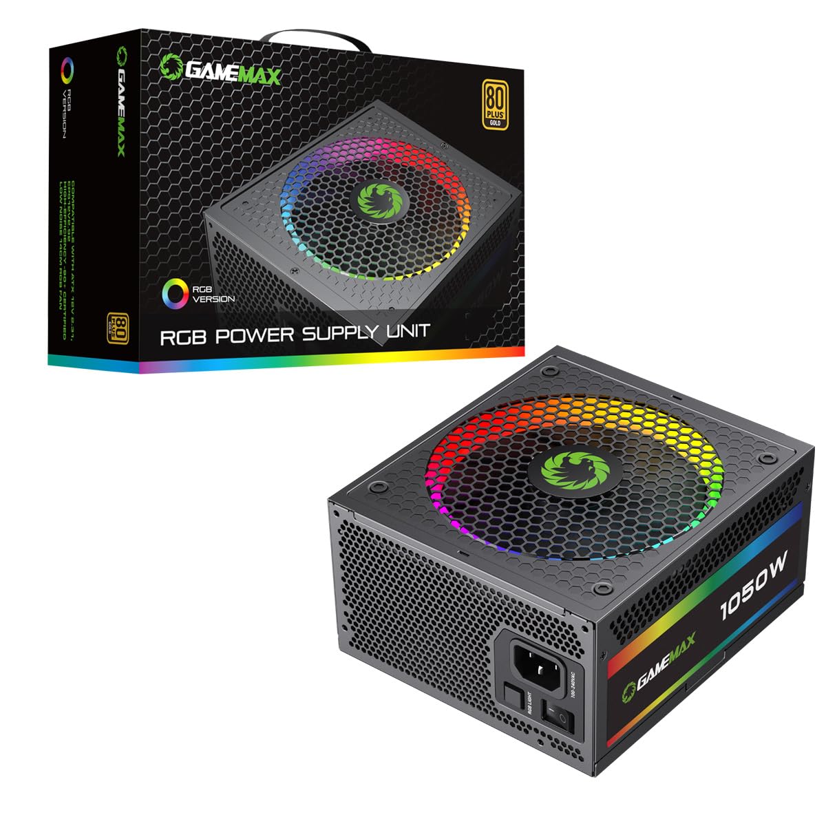 GameMax 1050W Pro Modular 80 Plus Gold Certified Power Supply - 14cm ARGB Fan, High Efficiency PSU for Gaming PC, Workstation & Crypto Mining Rigs