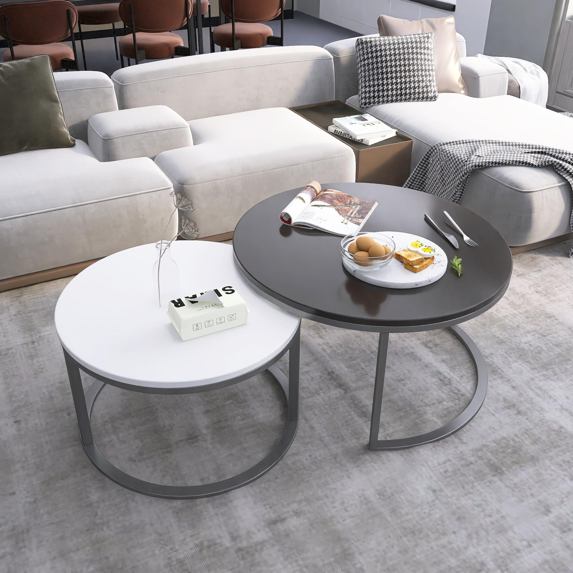 27.5 Inch Round Wood Coffee Tables Set of 2 - Modern Black and White Side Tables with Drawers for Small Spaces, Living Room, Bedroom & Office - Perfect for Coffee, Books & Decor