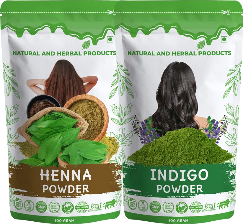 Natural Henna & Indigo Powder Combo for Hair - Organic Herbal Hair Dye for Long-Lasting Black Color, Smoothness & Shine | Promotes Hair Growth for Men & Women | Pure Mehndi Leaves for Thicker, Stronger Hair | Perfect for At-Home Hair Coloring & Natural Hair Care