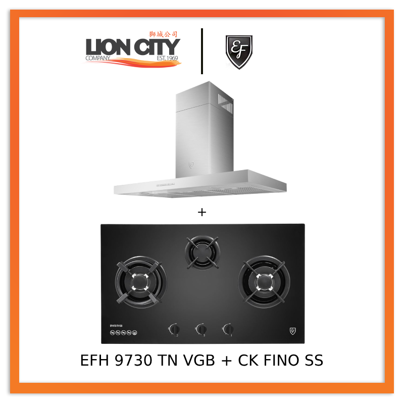 EF 90cm Stainless Steel Chimney Hood CK Fino with EFH 9730 TN VGB 3 Burner Built-In Glass Hob - Modern Kitchen Ventilation for Home Cooking & Grilling