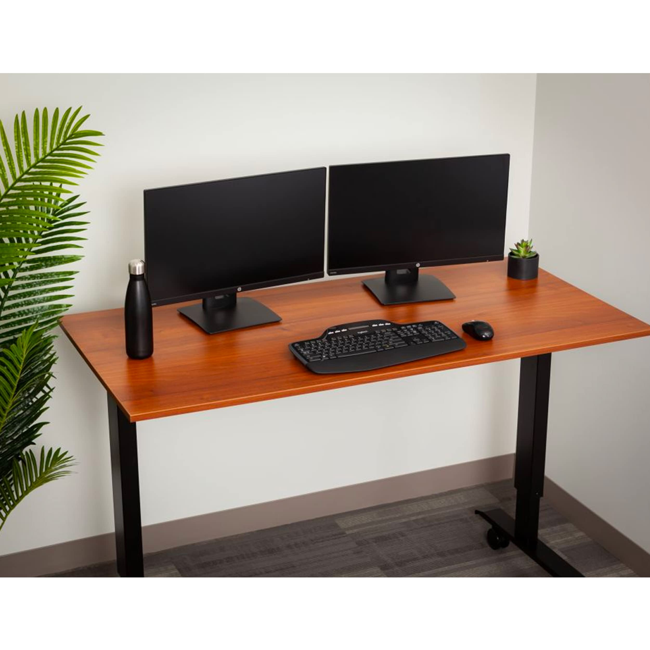 Adjustable Standing Desk with Wheels - Black Frame & Teak Top for Home Office