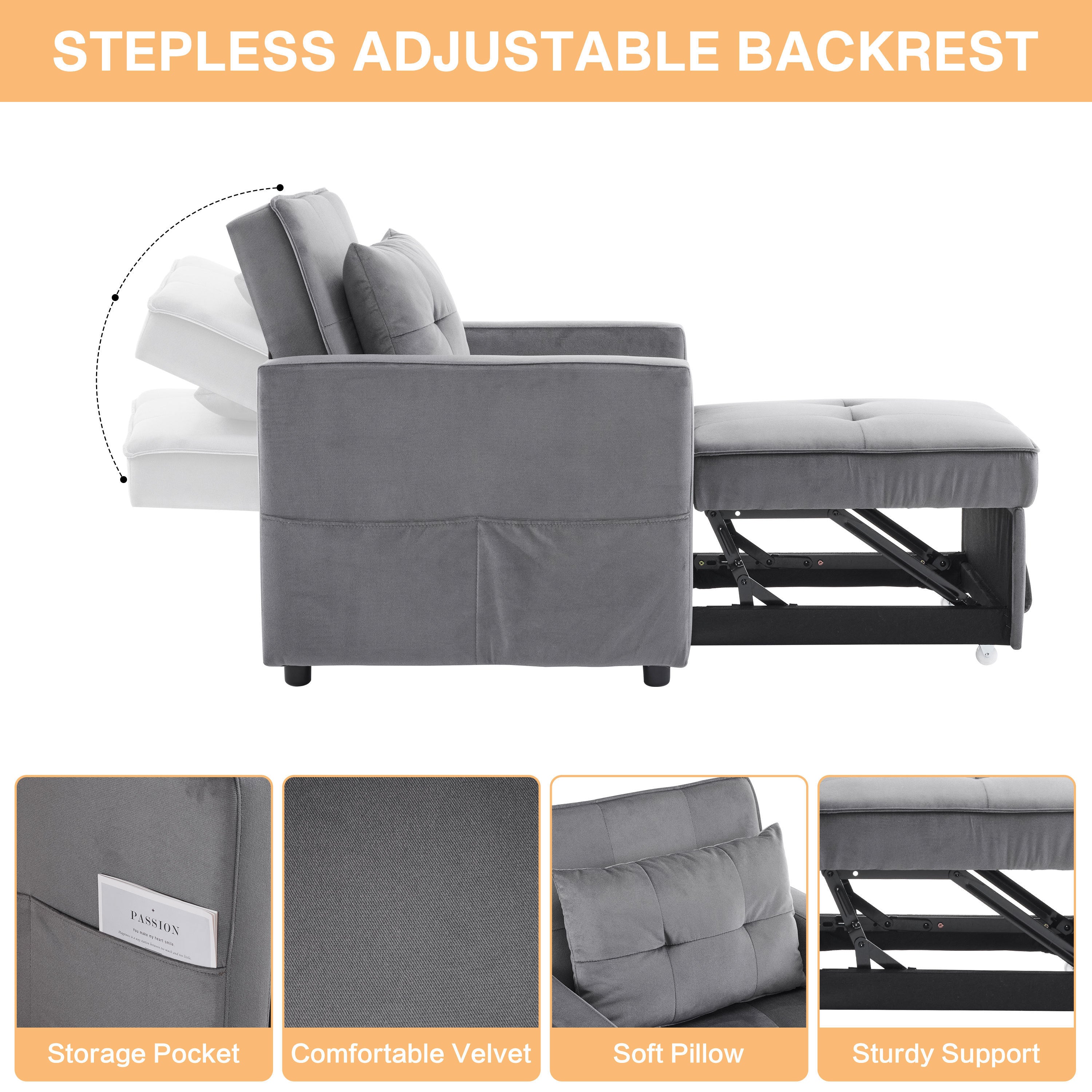 3-in-1 Convertible Sleeper Sofa Bed Chair with Pillow & Pocket - Modern Velvet Fabric Multi-Functional Furniture for Living Room, Bedroom, Study & Small Apartments (Gray) | Perfect for Guest Sleeping, Lounging & Space Saving Solutions
