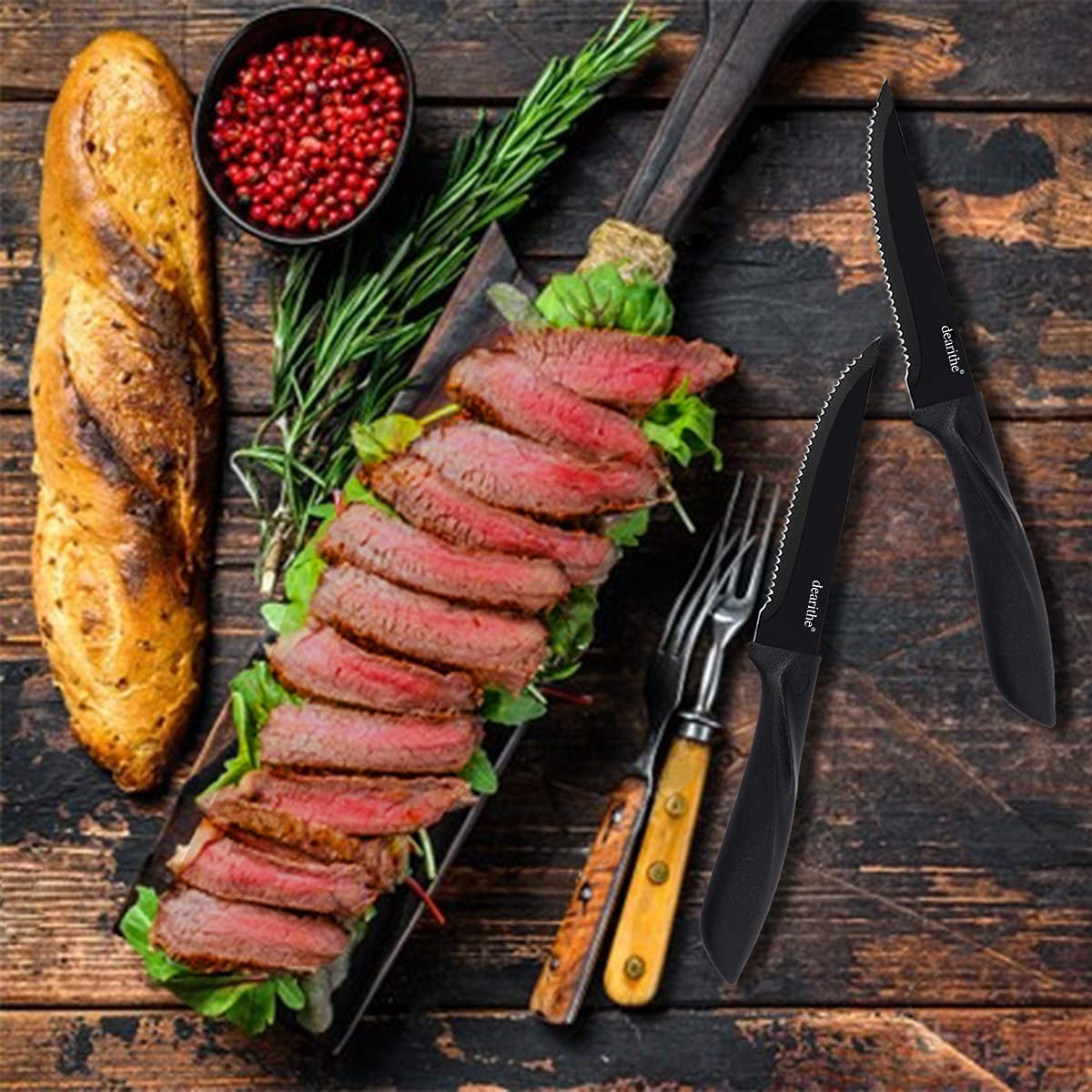 Premium 6-Piece Steak Knife Set - Black Serrated Stainless Steel Blades with Non-Stick Anti-Rust Coating (4.5 Inches) - Ideal for Restaurant, Kitchen, Camping & Outdoor Dining