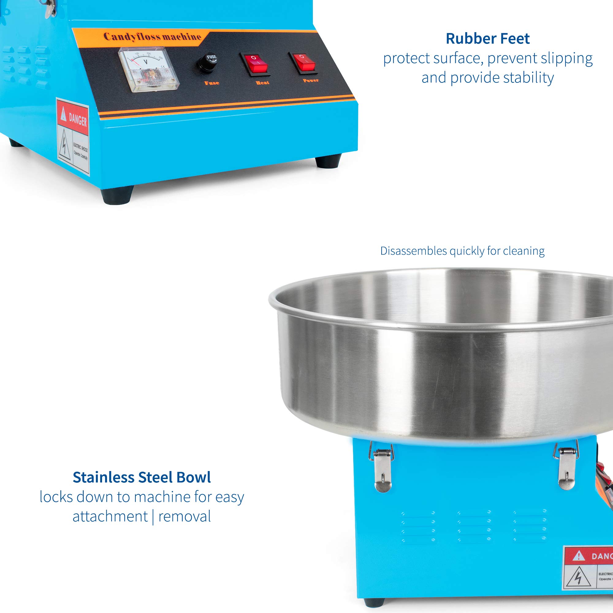 VIVO Blue 1030W Commercial Cotton Candy Machine - 20 Inch Stainless Steel Bowl with Bubble Shield & Sugar Scoop - Easy Home & Party Use for Birthdays, Carnivals, and Events