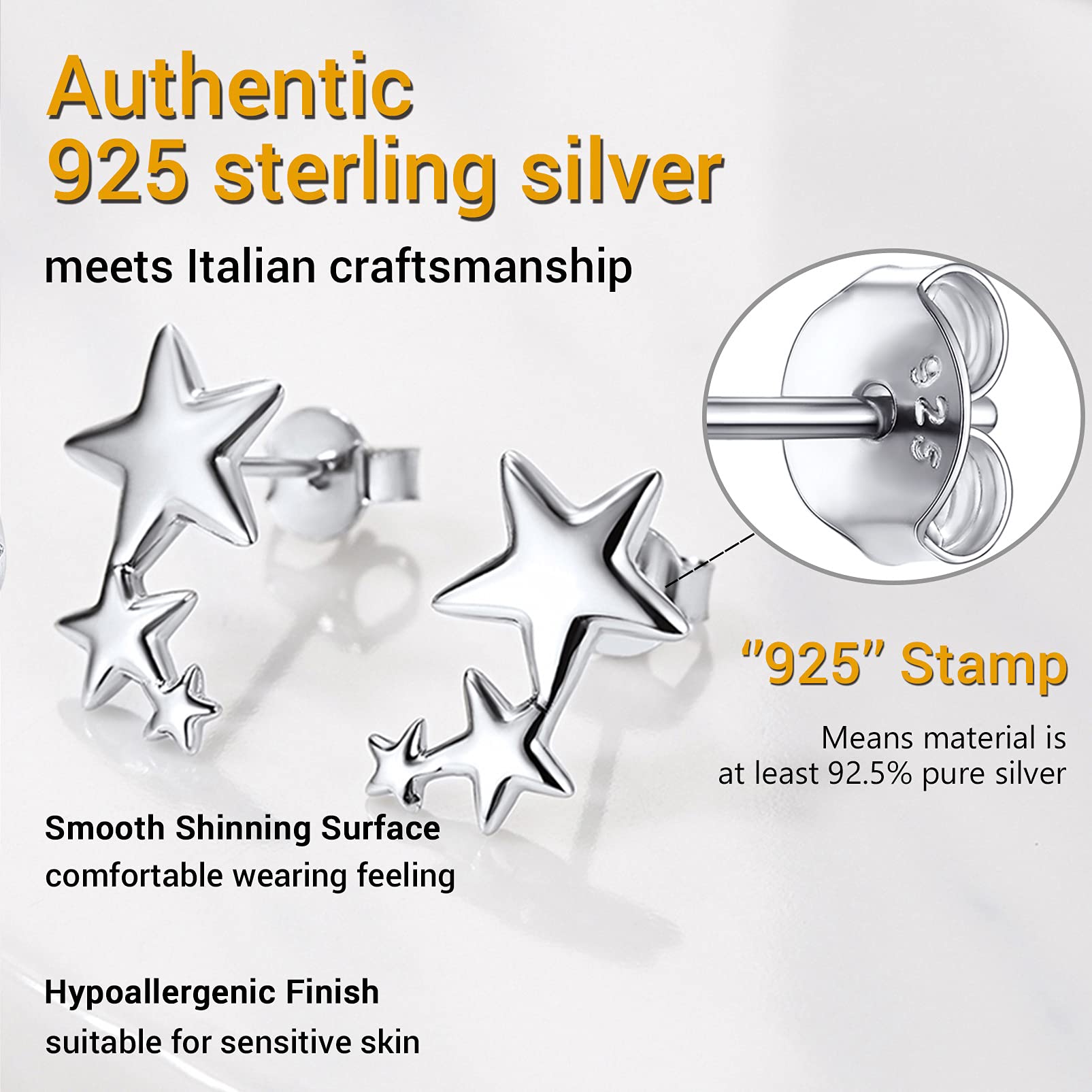 925 Silver Moon Star Heart Stud Earrings for Women - Hypoallergenic Celestial Jewelry for Daily Wear