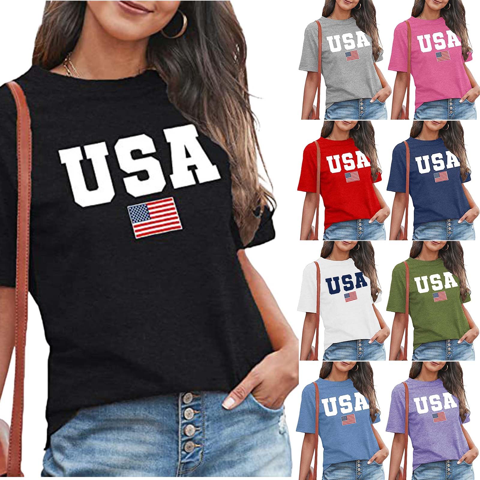 4th of July Shirts for Women - Patriotic USA Letter Print Short Sleeve Tops | American Flag Shirts for Memorial Day & Independence Day | Perfect for Holiday Parties, BBQ Gatherings & Festive Celebrations