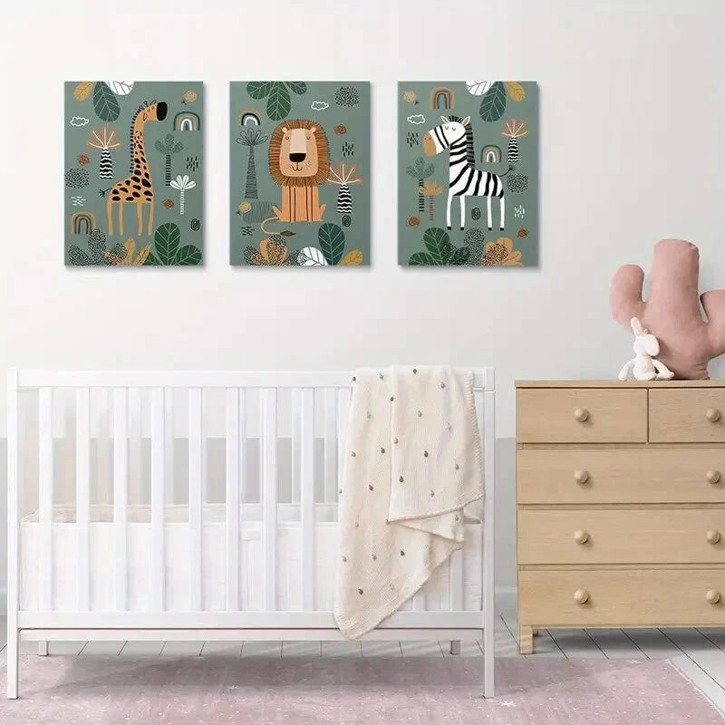 3-Piece Baby Safari Nursery Metal Wall Art Prints - Ready to Hang Jungle Animal Decor for Kids Room, Nursery & Playroom