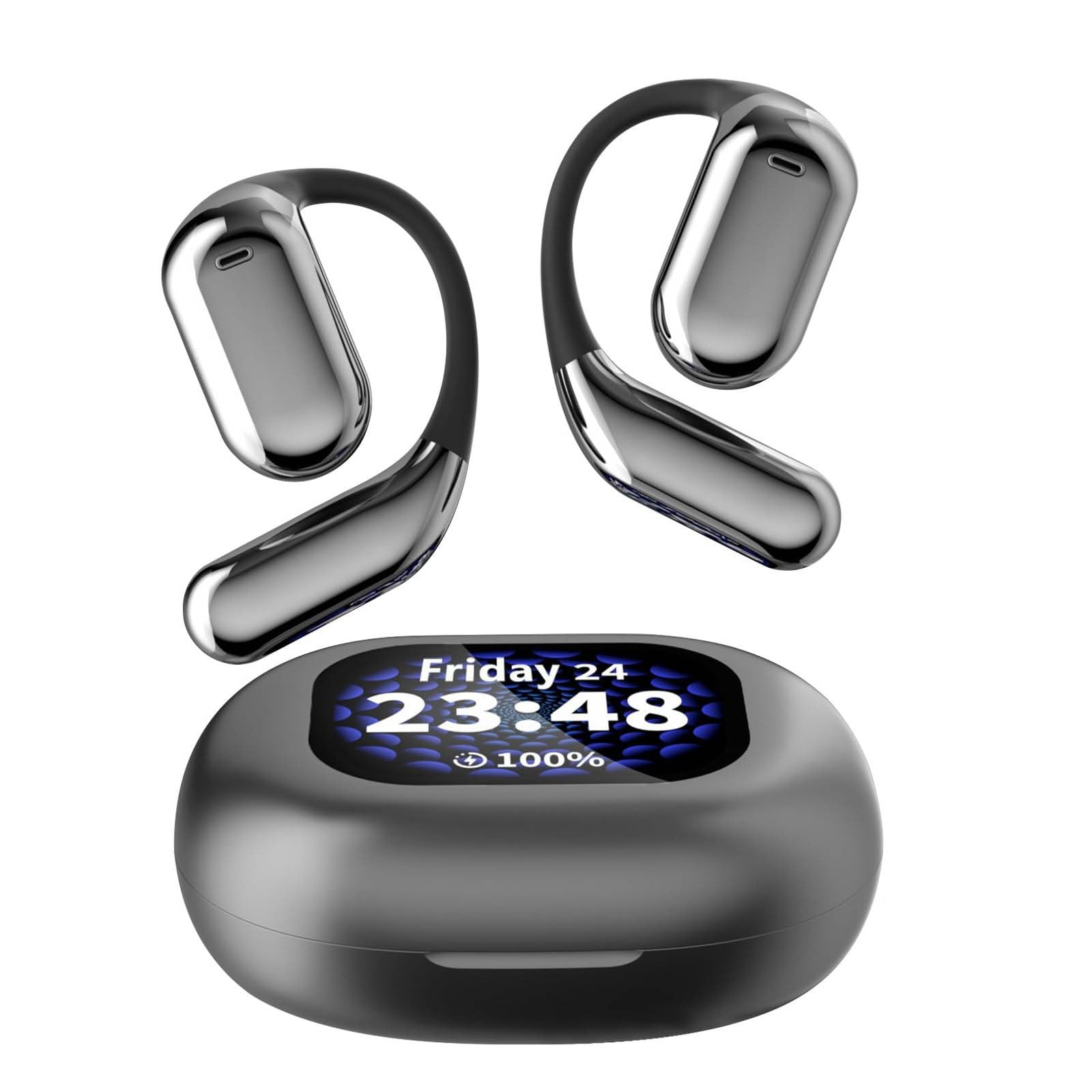Smart Touch Screen Open-Ear Bluetooth Headphones - True Wireless Earbuds with Bluetooth 5.4, IPX5 Waterproof & LED Display - Perfect for Running, Cycling & Outdoor Activities (Black)
