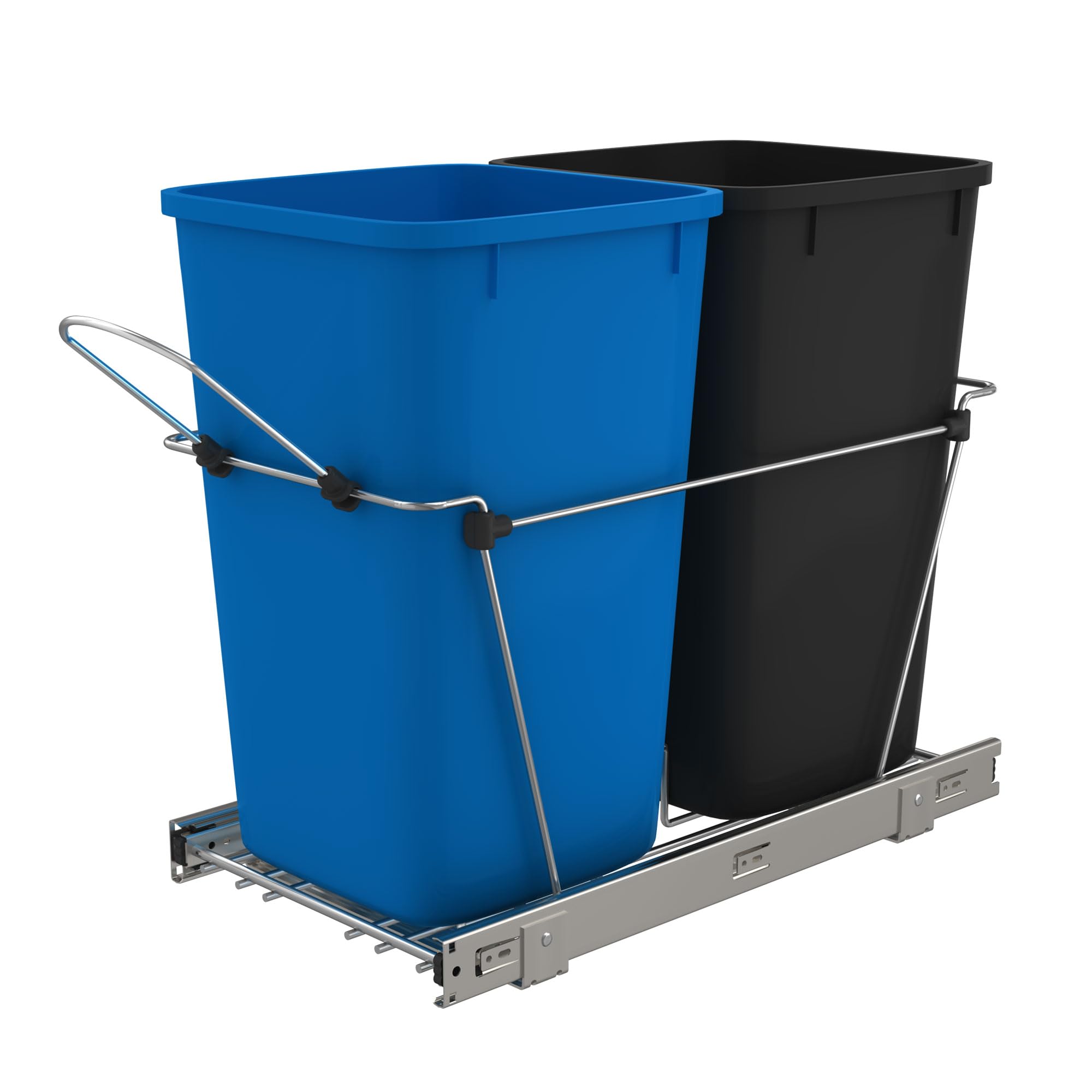 Rev-A-Shelf 27 Qt Pull-Out Trash Can for Kitchen Cabinets - Blue/Black Garbage & Recycling Bin with Full Extension Slides (RV-15KD-2218C-S) - Perfect for Under-Sink Storage & RV Kitchens
