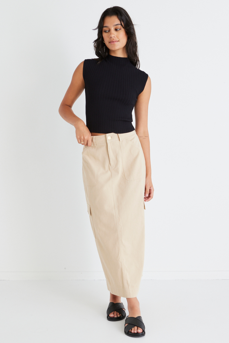 Frank Stone Cotton Utility Midi Skirt for Women - Comfortable Stretch A-Line Skirt with Pockets - Perfect for Casual Wear, Office, Travel & Outdoor Activities