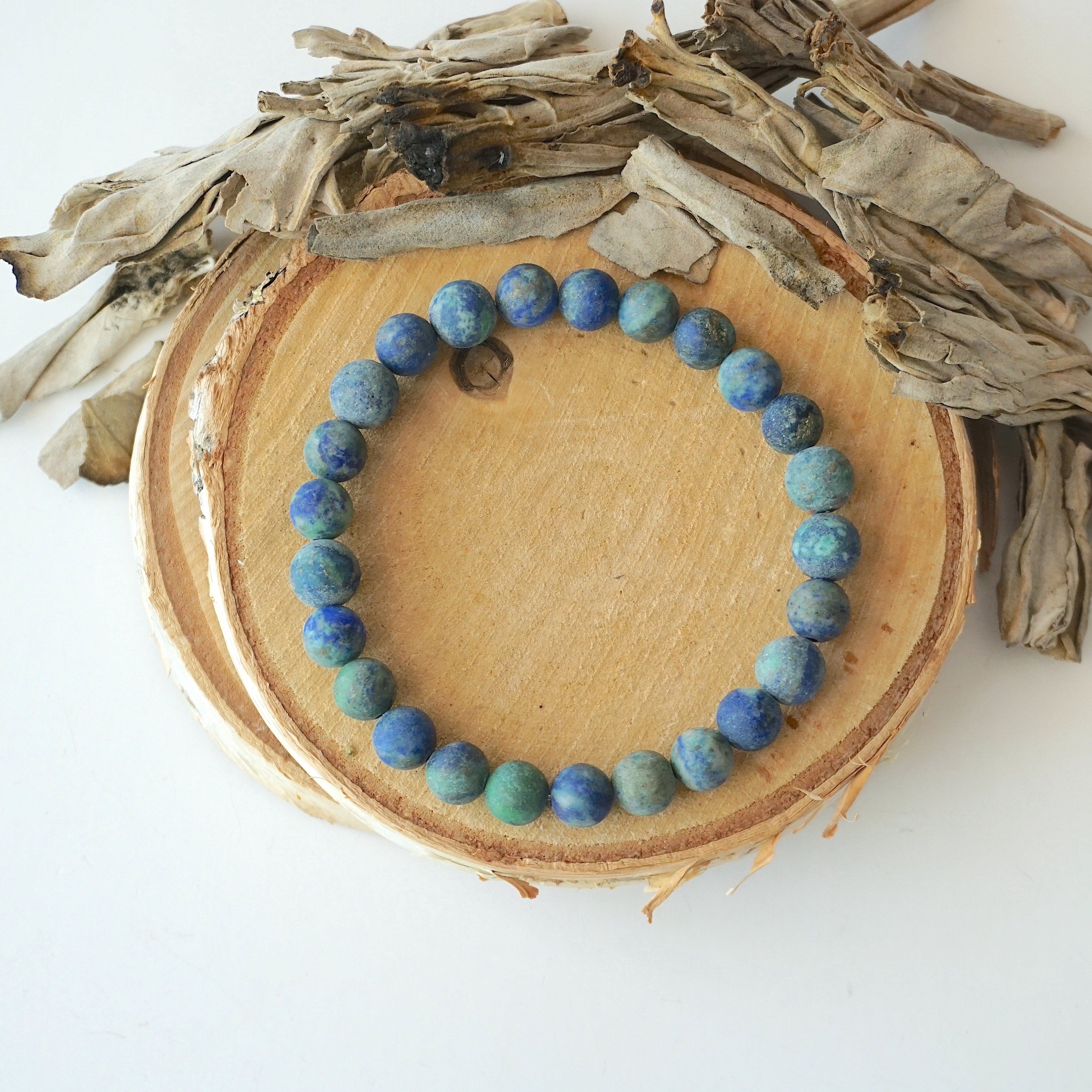 Matte Azurite Healing Crystal Mala Bracelet - Natural Stone Beads for Meditation, Yoga & Spiritual Healing | Perfect for Stress Relief & Positive Energy