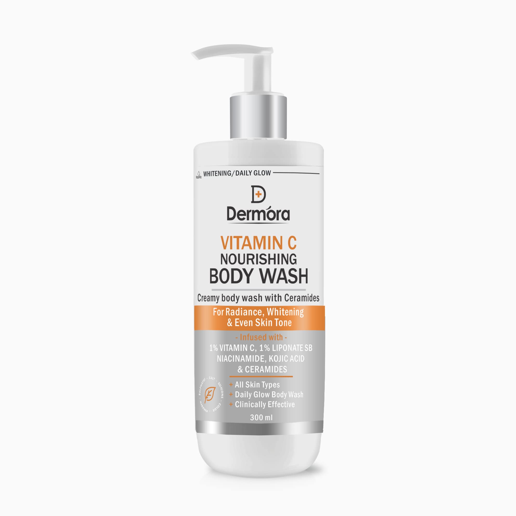 DERMORA Vitamin C Body Wash for Pigmentation - Brightening & Even Skin Tone with Kojic Acid & Phyto Ceramides (300ml) | Nourishing Creamy Formula for Daily Skincare Routine & Glowing Complexion