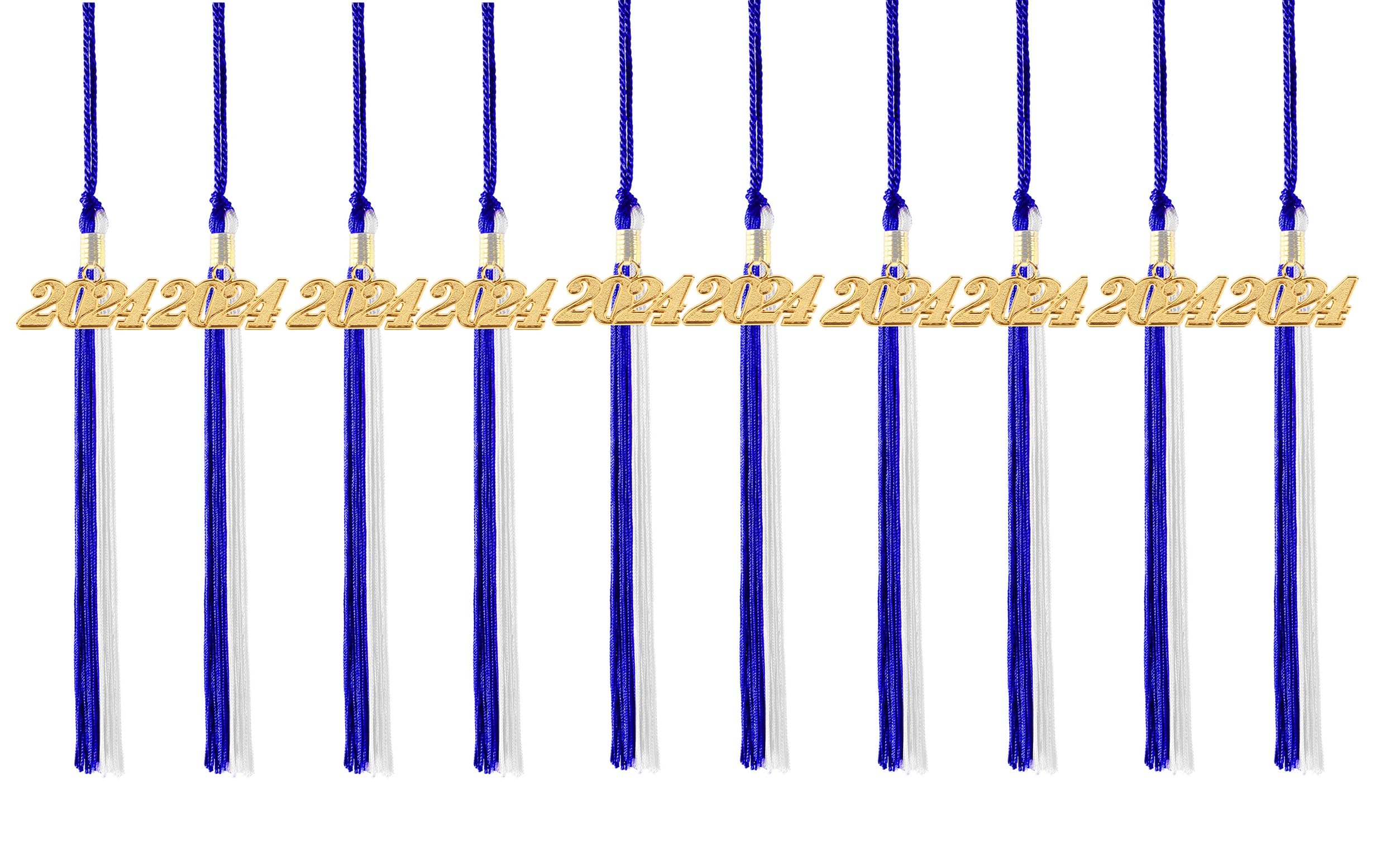 2024 Graduation Tassels - Blue & White Cap Decorations for High School & College Graduates (10 Pack) - Perfect for Commencement Ceremonies, Photo Props & Keepsakes