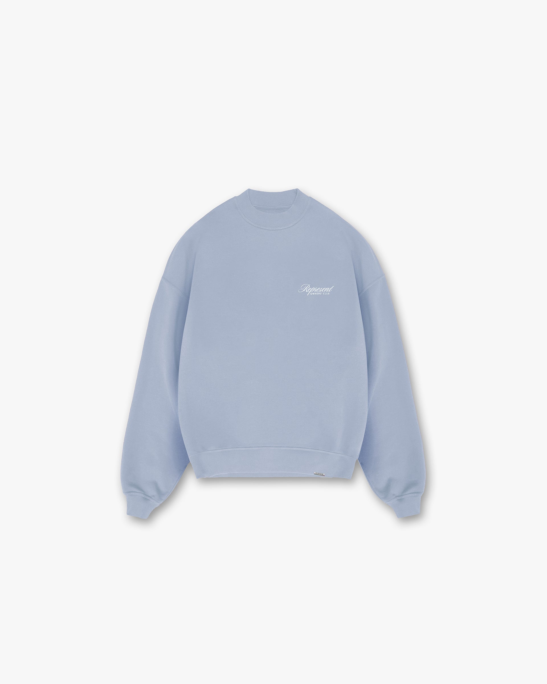 Represent Owners Club Script Sweater - Dusty Blue | Trendy Oversized Knit Pullover | Perfect for Streetwear & Casual Outfits