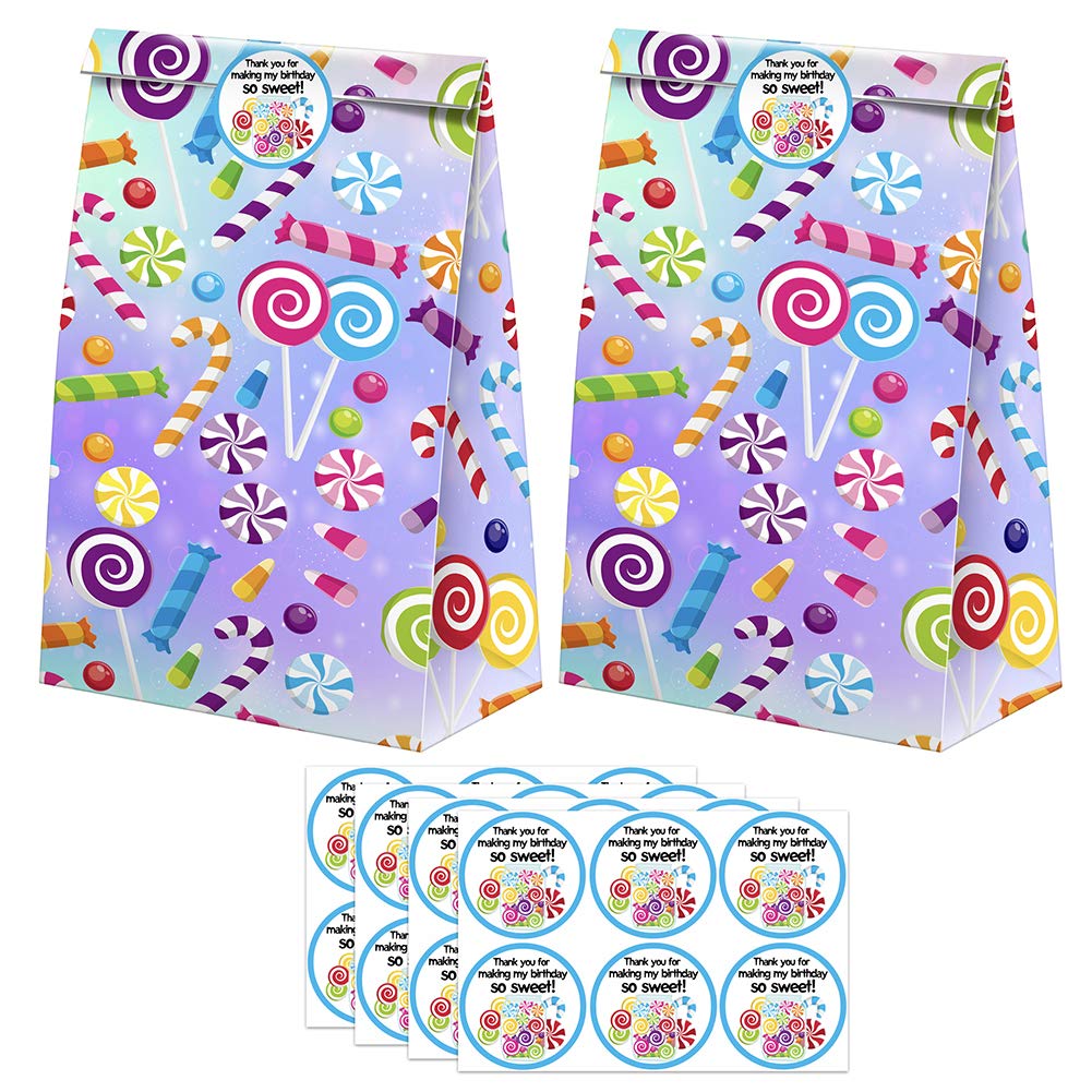 24 Pcs Candyland Themed Goodie Bags with Stickers - Party Favors & Treat Bags for Birthday, Baby Shower, Halloween & Christmas Celebrations