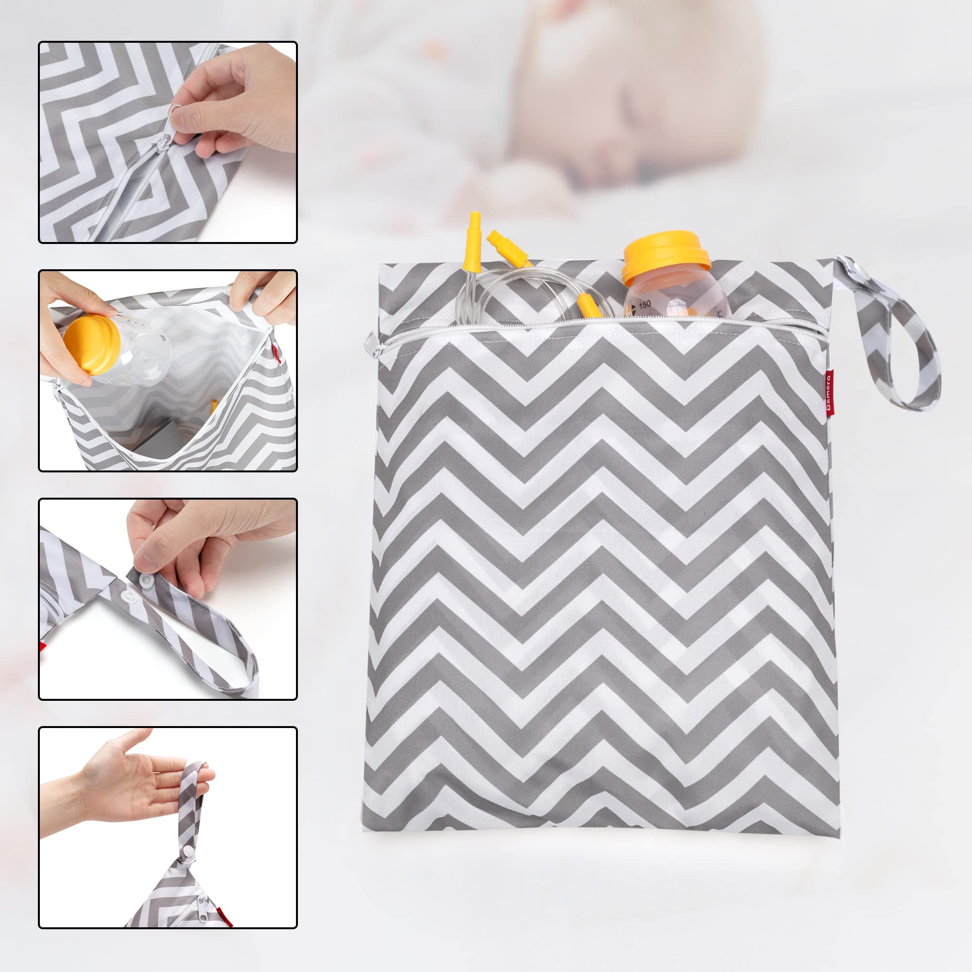 Damero Breast Pump Parts Bag - 2 Pack Waterproof Wet Bags for Breast Pump Accessories Storage with Non-Slip Mat, Gray Chevron Pattern | Perfect for Travel, Work & Hospital Use