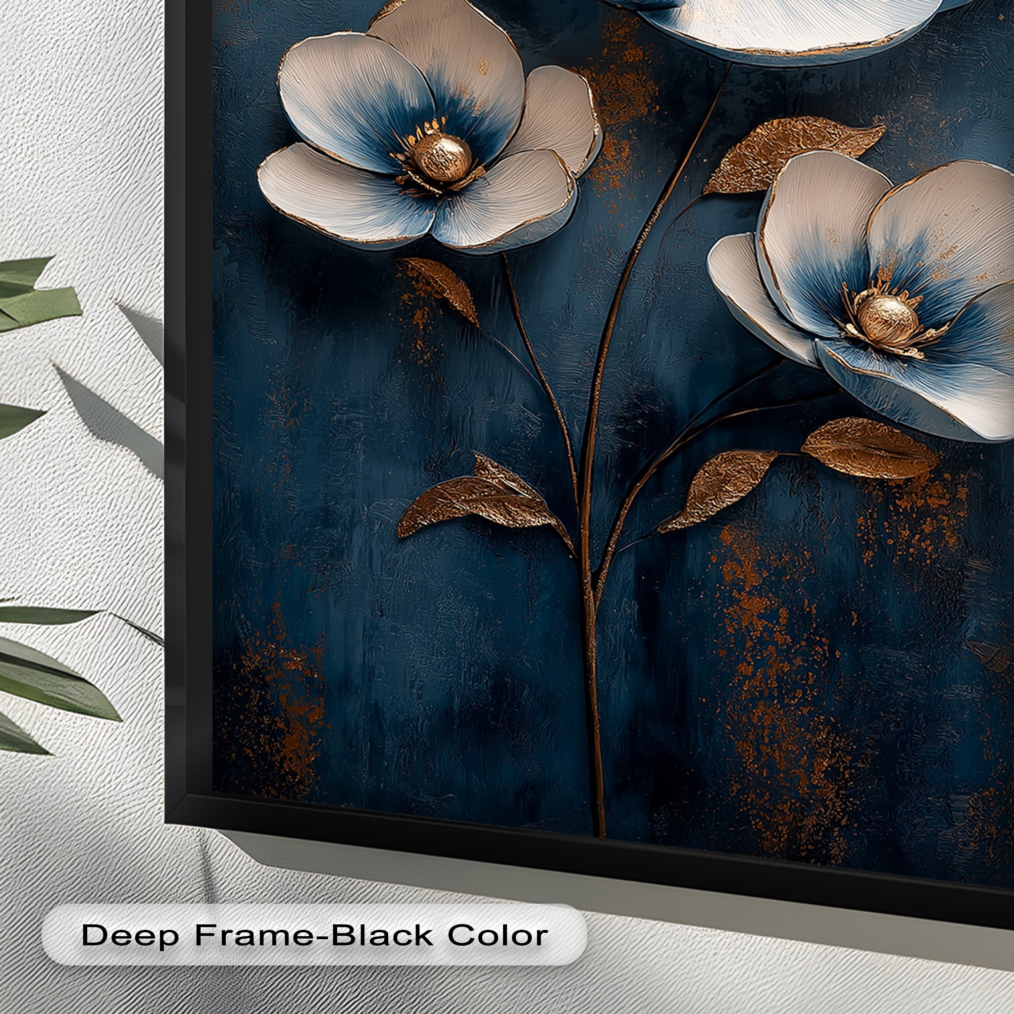 Blue and Gold Flower Modern Oil Painting - Handmade Canvas Wall Art for Living Room, Bedroom & Office Decor
