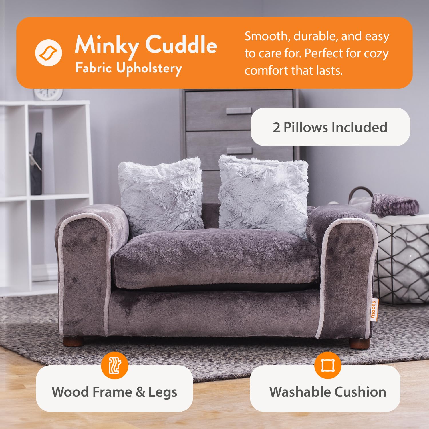 Moots Furry Pet Sofa Lounge for Small Dogs & Cats - Soft Charcoal Gray Pet Bed - Cozy Couch for Living Room, Bedroom & Office Comfort