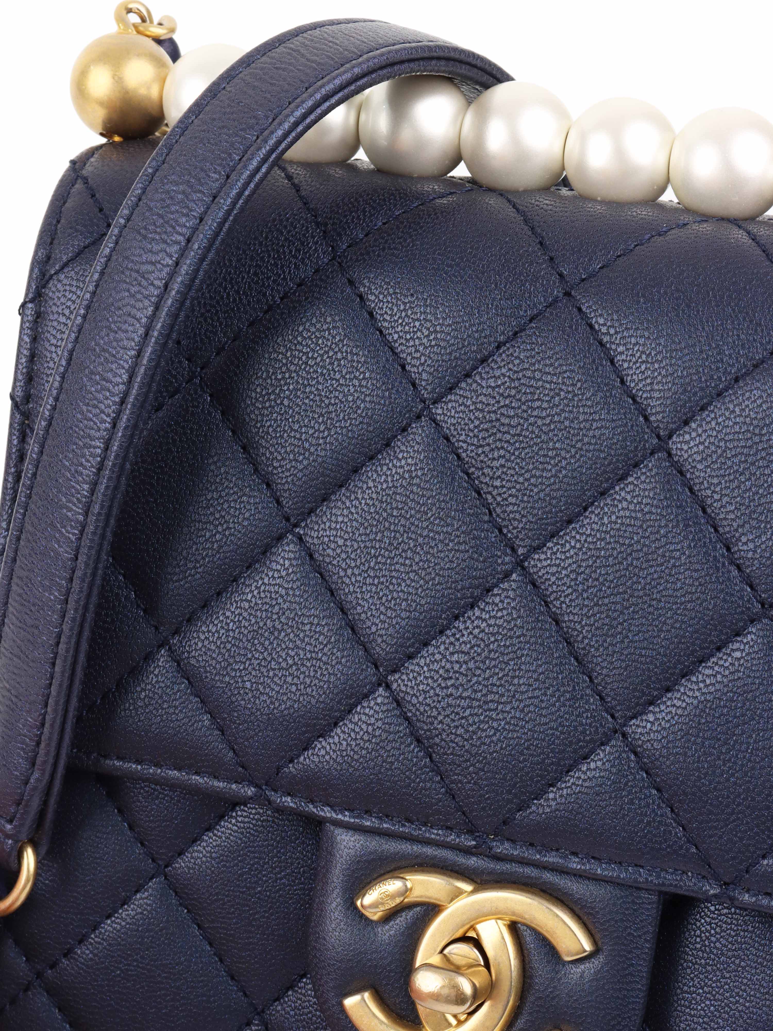 Chanel Navy Iridescent Pearl-Embellished Flap Bag - Luxury Crossbody Purse for Women | Perfect for Evening Parties, Date Nights & Special Occasions