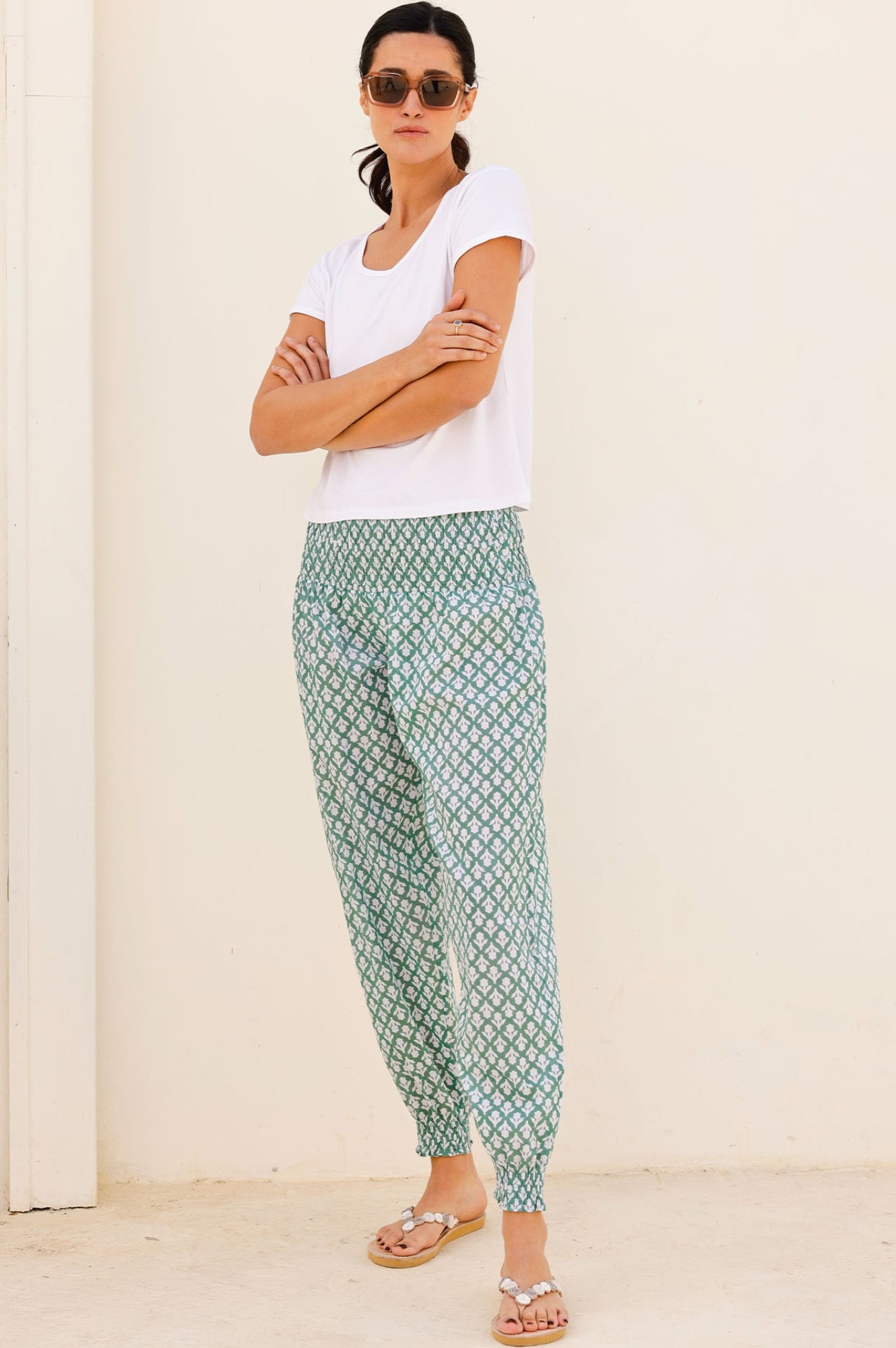 Organic Cotton Harem Pants with Floral Print - Sage Green & White - Comfortable Loungewear for Yoga, Travel, and Relaxation