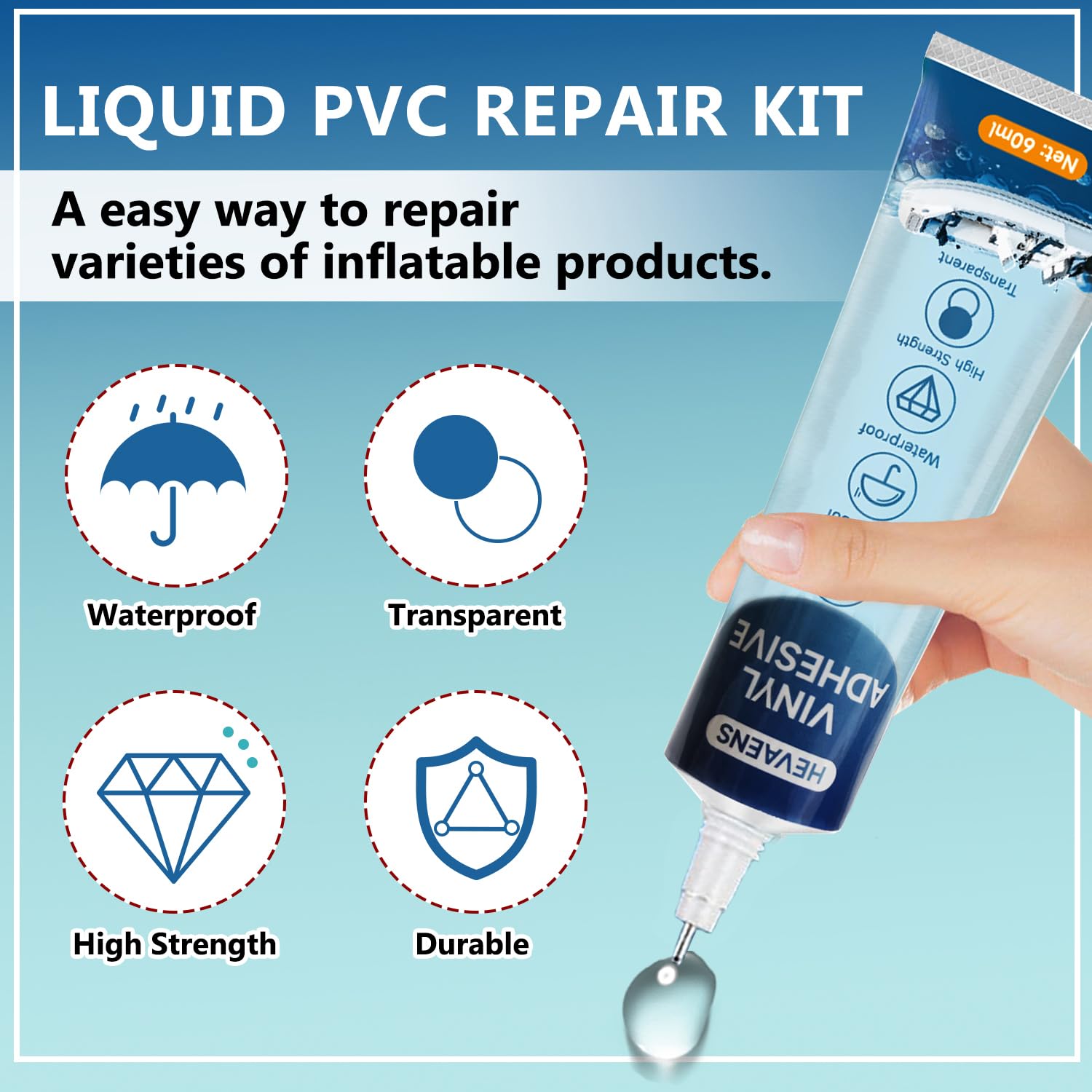 Waterproof TPU Air Mattress Patch Repair Kit - 60ml for PVC Boats, Hot Tubs, Tents, Swimming Rings & Inflatables | Quick Fix for Leaks | Perfect for Camping, Pool Parties & Outdoor Adventures
