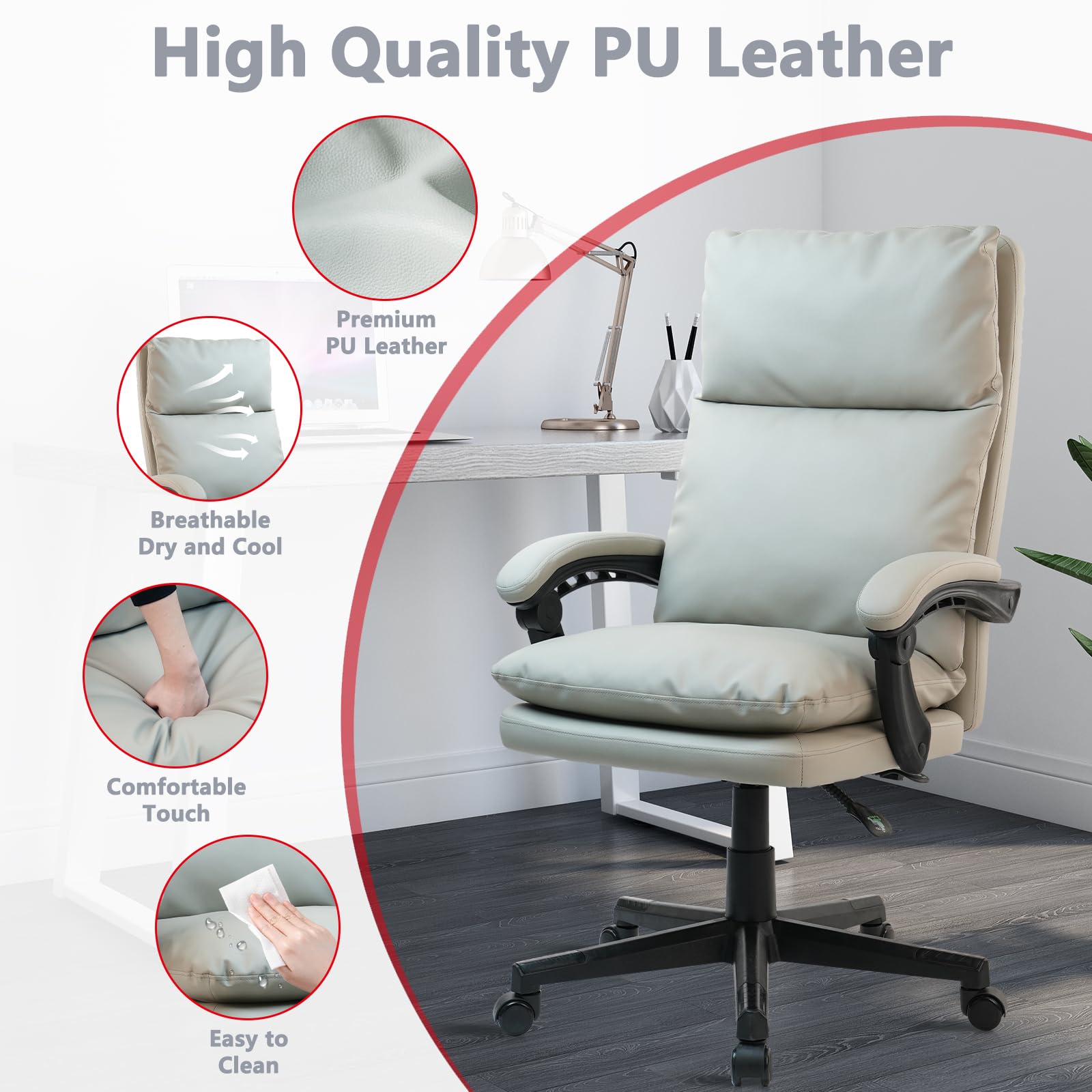 CLATINA Ergonomic Reclining Office Chair - Big and Tall High Back Executive Leather Desk Chair with Lumbar Support, Wide Seat Computer Task Chair for Home & Office (Grey, 2-Pack) - Perfect for Long Work Hours & Gaming Sessions