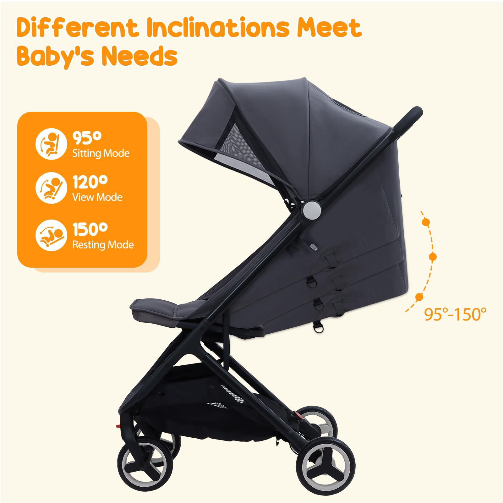GAOMON Lightweight Compact Stroller - One Hand Fold, Airplane Friendly, Reclining Seat with Canopy & Smooth Suspension | Travel System Ready Black Baby Stroller for Travel, Shopping & Daily Use