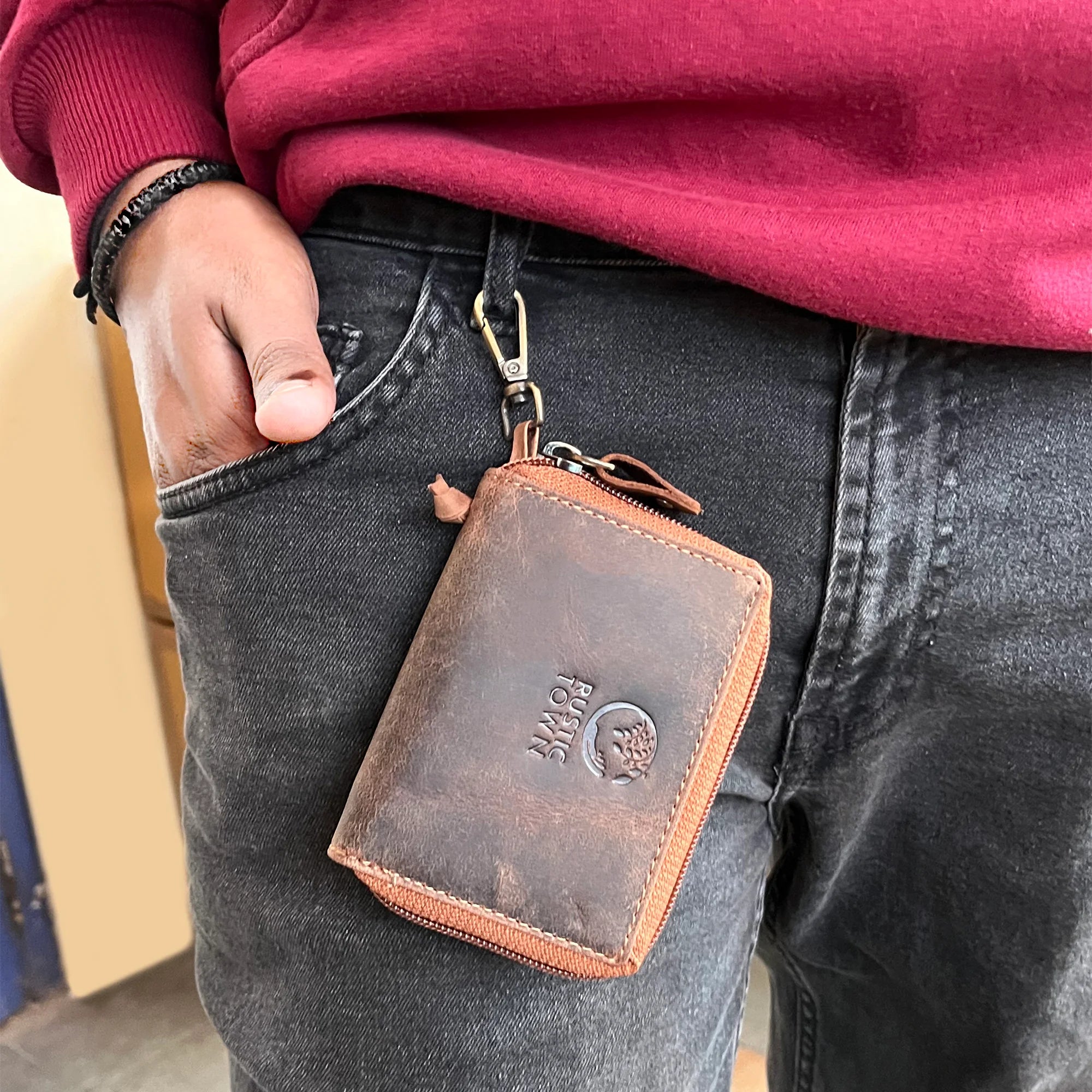 Genuine Leather Key Holder Case - Zippered Key Organizer Wallet with Belt Hook - Perfect for Key Storage & Organization at Home, Office or Travel