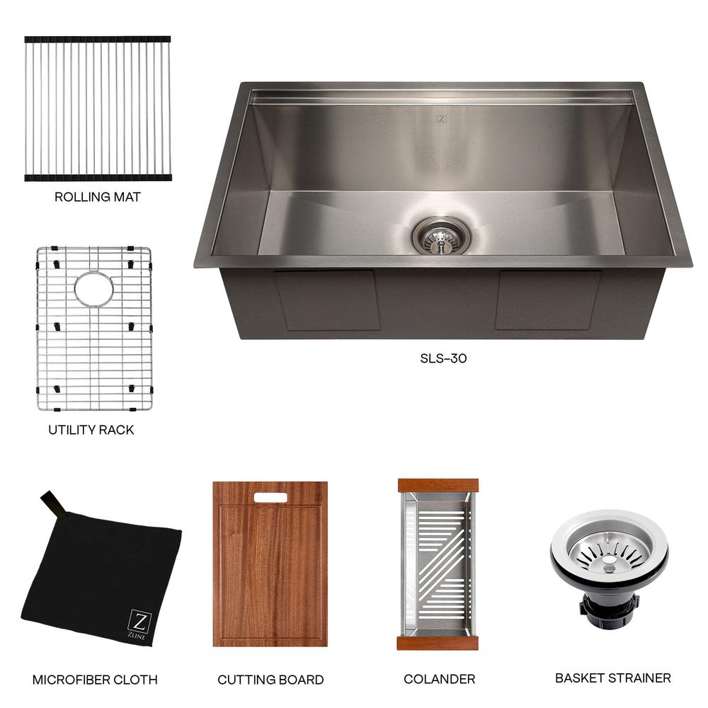 ZLINE Garmisch 30-Inch Undermount Single Bowl Stainless Steel Kitchen Sink with Bottom Grid & Accessories (SLS 30) - Perfect for Modern Kitchens, Remodeling & Chef-Inspired Cooking Spaces