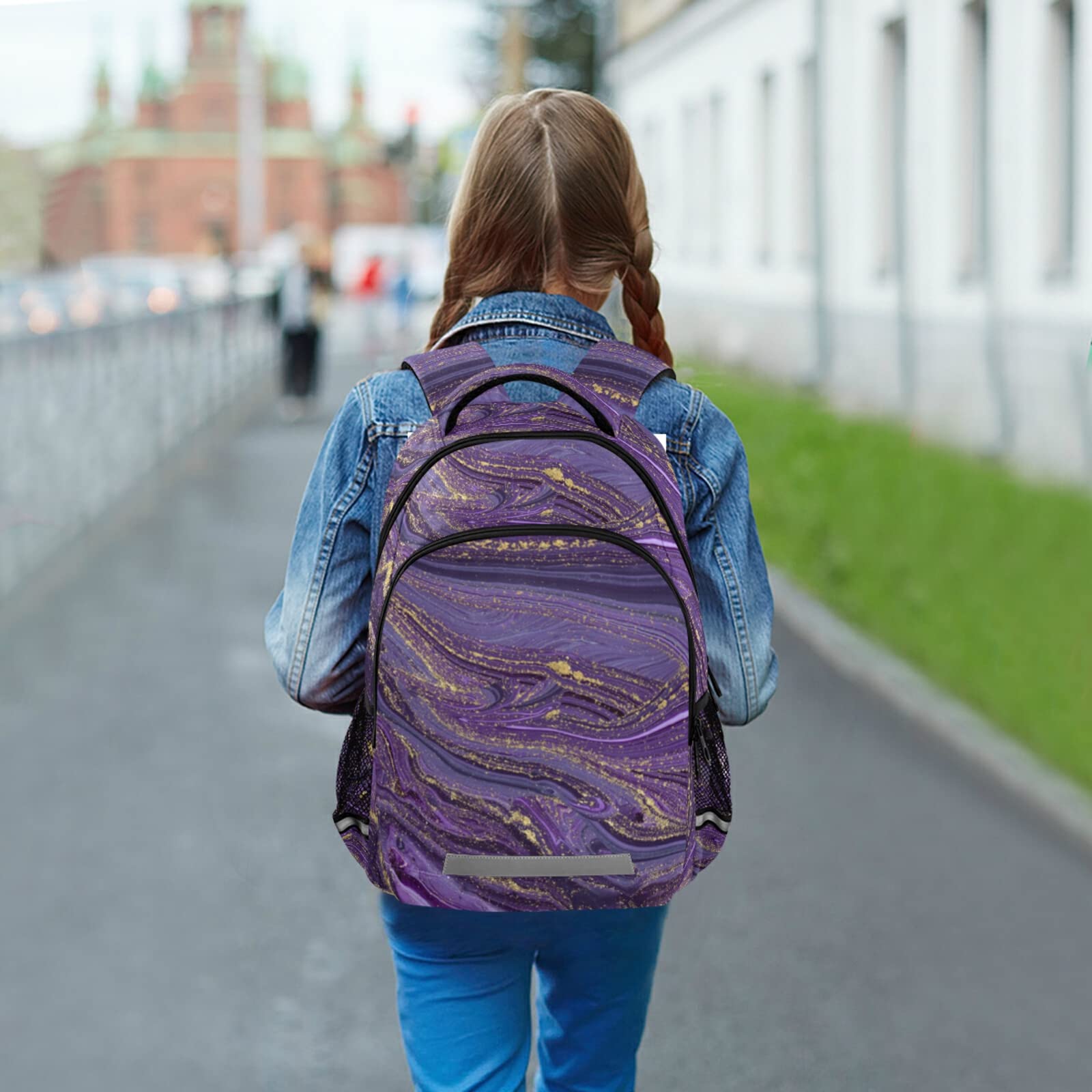 Stylish Purple & Gold Marbled Laptop Backpack for Teens & Adults - Waterproof School Backpack with Reflective Stripes for Safety | Perfect for College, Travel, Hiking & Daily Commute