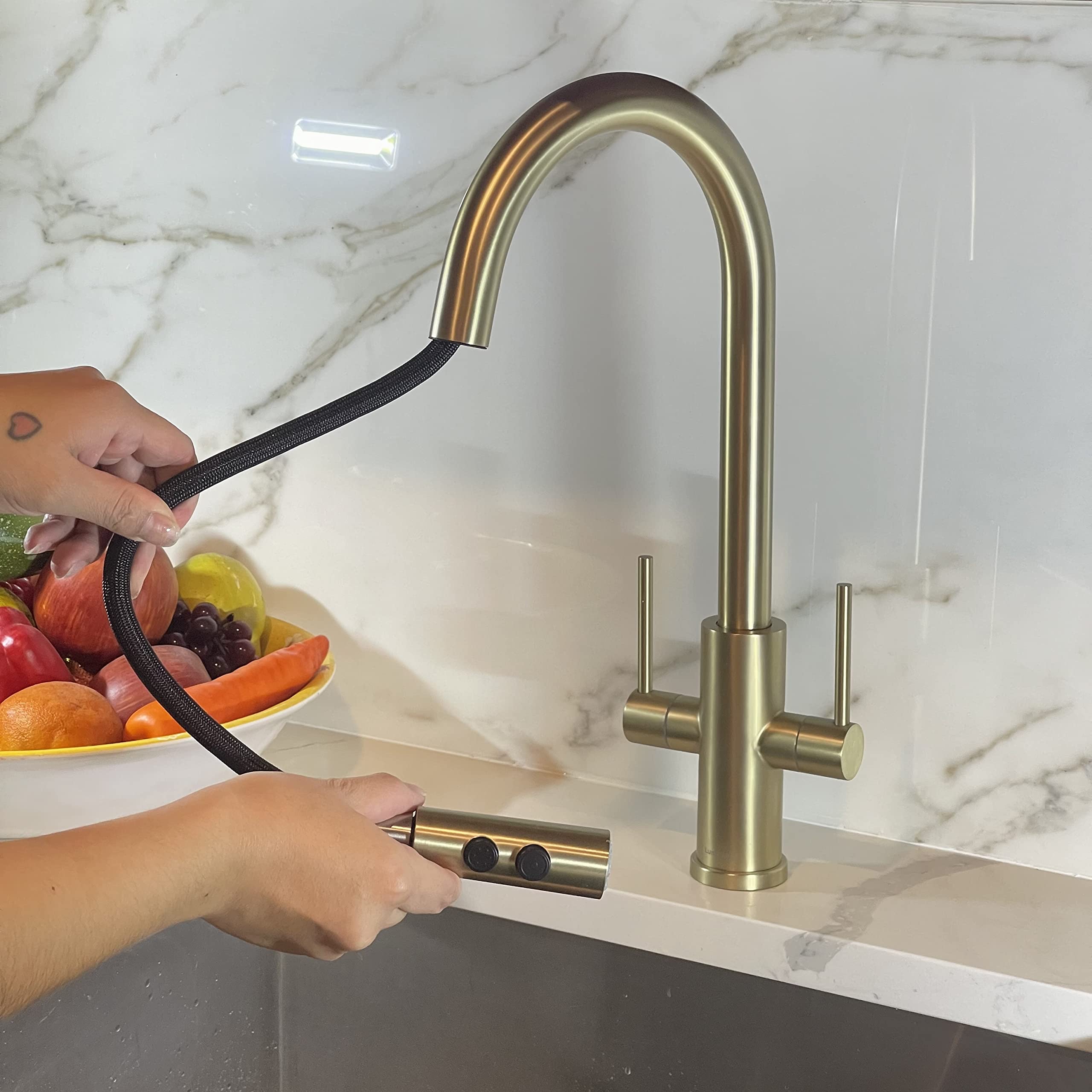 Brushed Nickel Kitchen Faucet with Pull Down Sprayer - 2 Handle High Arc Kitchen Sink Faucet for Modern Home & Restaurant Use