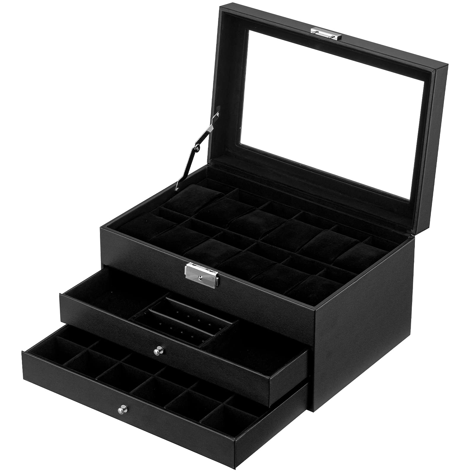 Premium PU Leather Jewelry Box & Watch Organizer - 3-Layer Wooden Storage Case for Men & Women - Perfect for Display, Travel, and Business Gifts (Black)