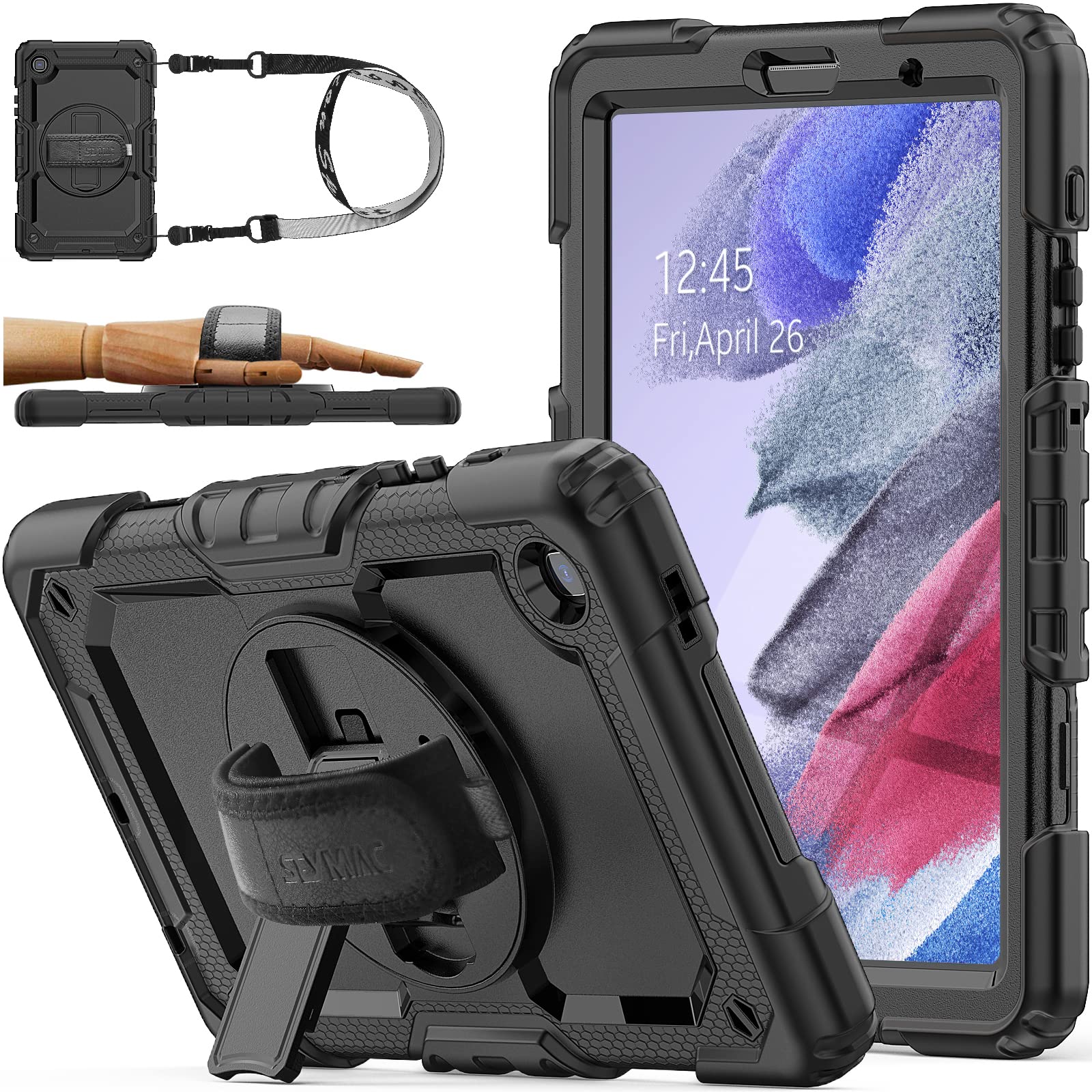 Samsung Galaxy Tab A7 Lite Case 8.7 Inch (2021 Model SM-T220/T225/T227) - Shockproof Protective Cover with Built-in Stand, 360° Rotating Hand Strap, Pencil Holder & Screen Protector | Perfect for Work, Travel, and Home Use (Black)
