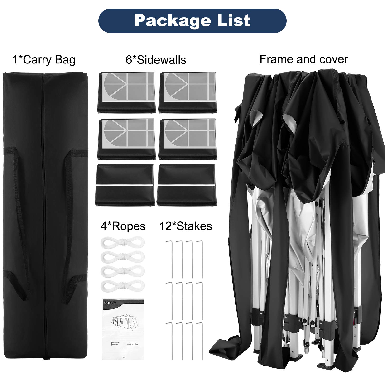 COBIZI 10x20 Pop Up Canopy Tent with 6 Sidewalls - Waterproof Instant Shelter for Outdoor Events, Camping, Parties & Commercial Use - Portable Gazebo for Backyard, Beach, Picnic & Tailgating - Easy Setup Black Event Tent