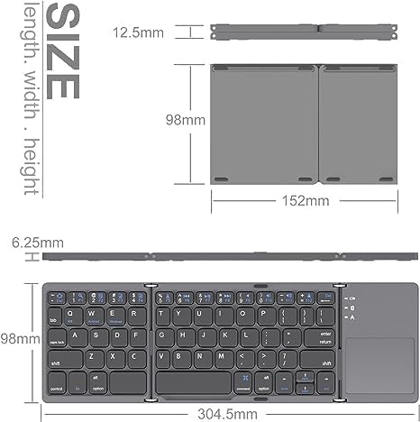 Foldable Mini Bluetooth Keyboard with Touchpad - Portable Pocket-Sized Wireless Keyboard for Android, Windows, PC, Tablet - Rechargeable Li-ion Battery - Dark Gray - Perfect for Travel, Office & Home Use