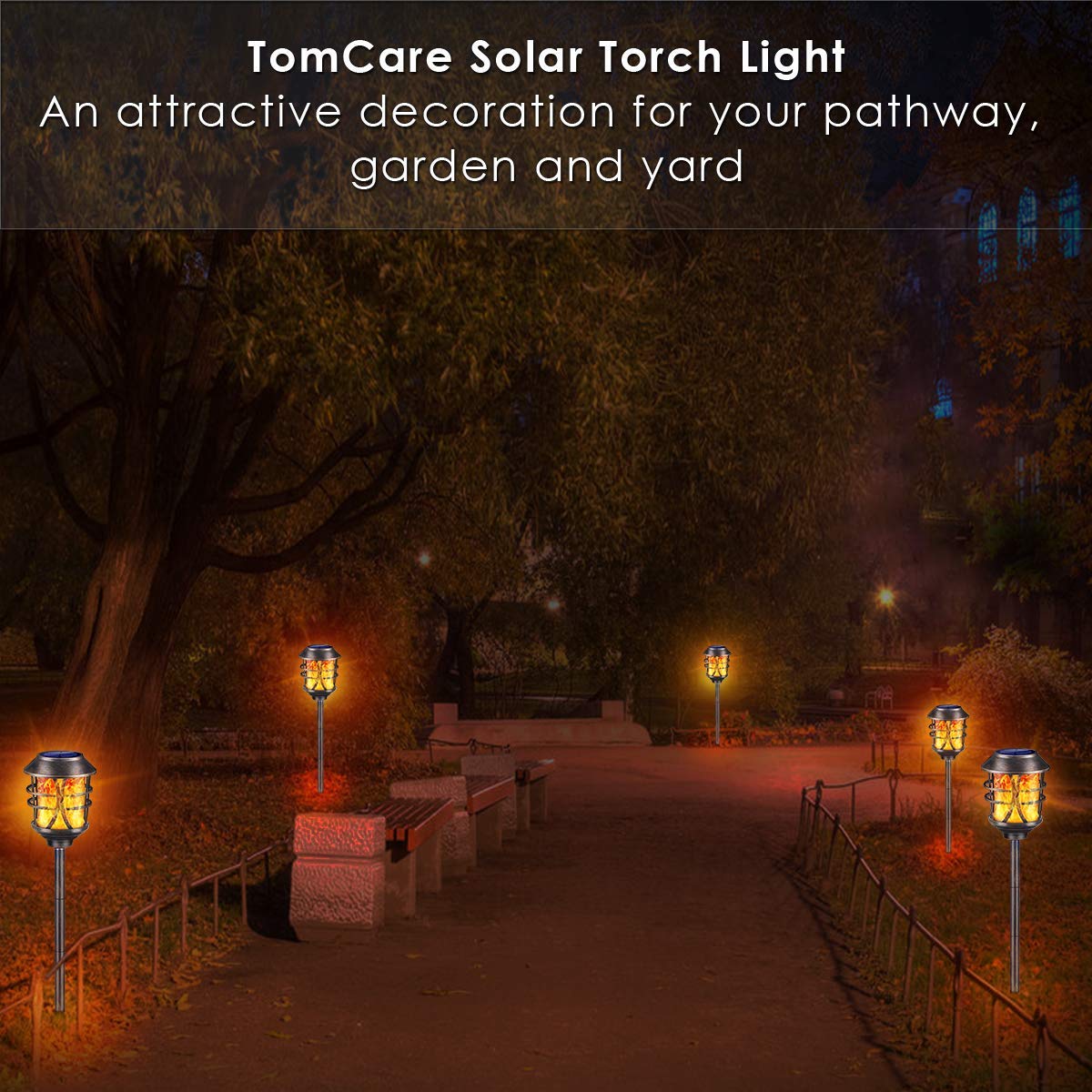 TomCare Solar Torch Lights - 4 Pack Metal Flickering Flame Outdoor Solar Lights, Waterproof Garden Pathway Lighting for Patio, Yard, Pool - Auto On/Off Dusk to Dawn - Perfect for Landscape Decoration & Backyard Ambiance