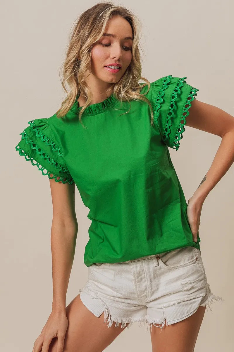 BiBi Solid Woven Circle Trim Ruffle Top Women's Fashion Blouse | Perfect for Casual Outings, Date Nights & Summer Vacations