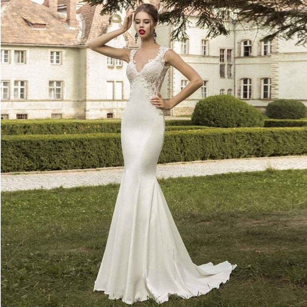 Emanni Women's Sexy Backless Lace Applique Mermaid Wedding Dress with Detachable Train - Ivory Bridal Gown for Beach, Church & Destination Weddings