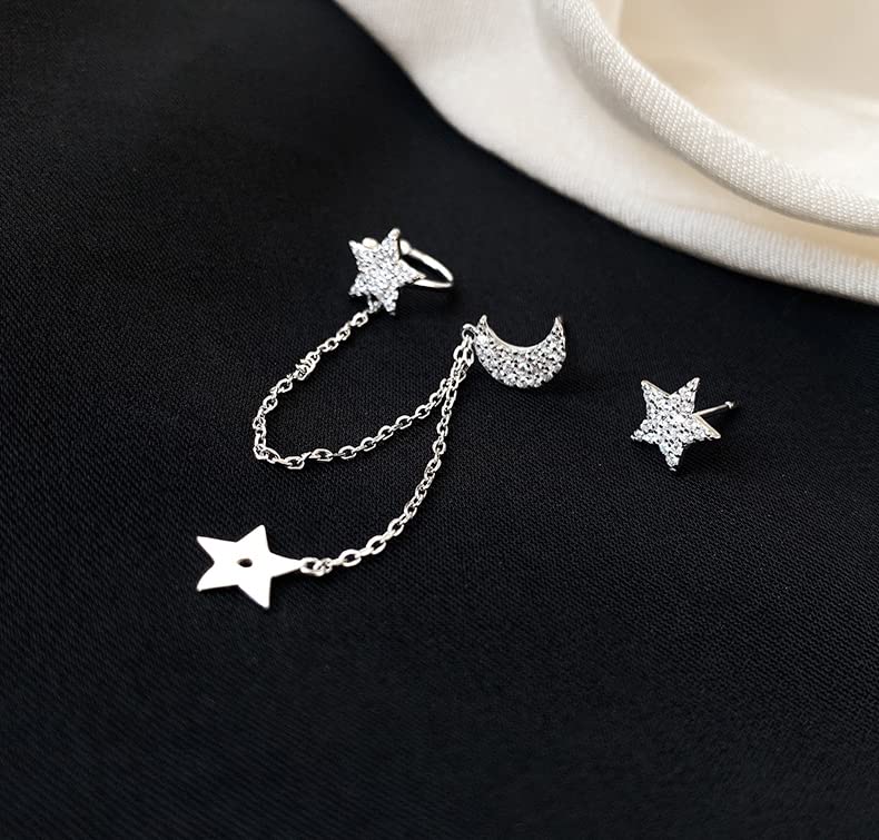 925 Sterling Silver Asymmetric Star Moon Crawler Earrings for Women - Dangling Chain Cuff Earrings for Party, Date Night & Special Occasions