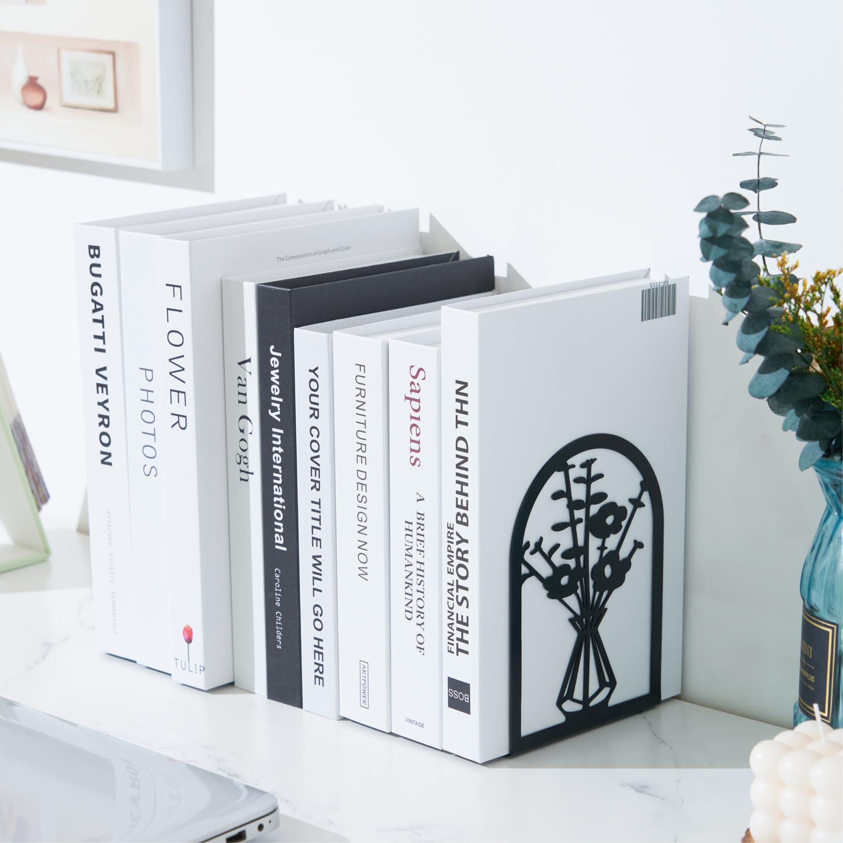 Metal Bookends for Heavy Books - 2 Pairs Flower Design for Shelves & Home Office Decor