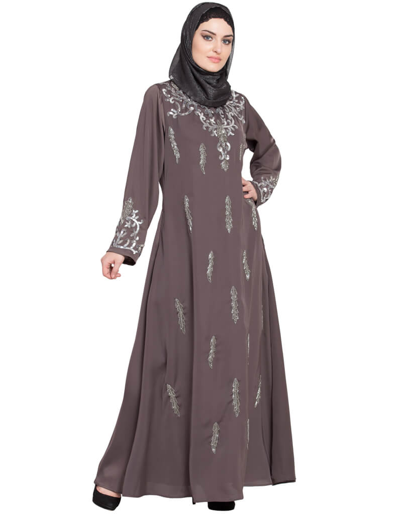 Elegant Arabic Full Hand Embellished A-Line Nida Abaya in Brown - Perfect for Islamic Prayer, Eid Celebrations & Modest Fashion