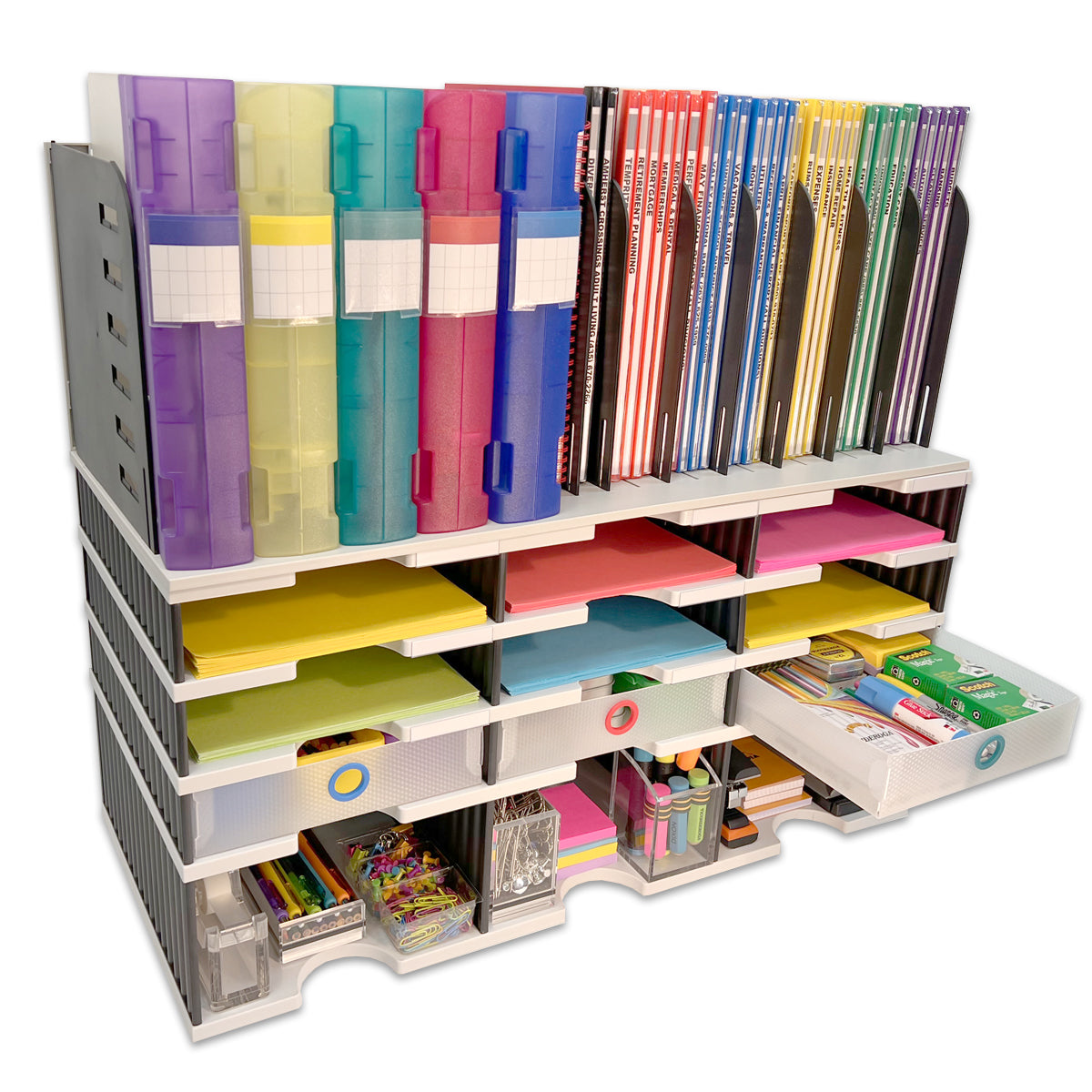9-Slot Desktop Organizer with Riser Base, Vertical File Holder & 3 Drawers - Maximize Workspace for Documents, Files, Binders & Office Supplies - Perfect for Home Office, Study Desk & Workspace Organization