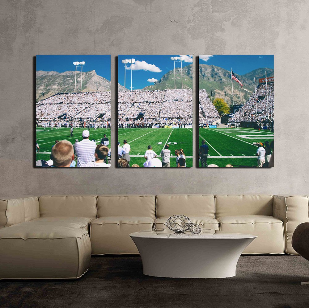 Wall26 - 3 Piece Canvas Wall Art - Soccer Match Stadium Scene with Crowd in Daylight - Modern Framed Ready-to-Hang Home Decor - 24
