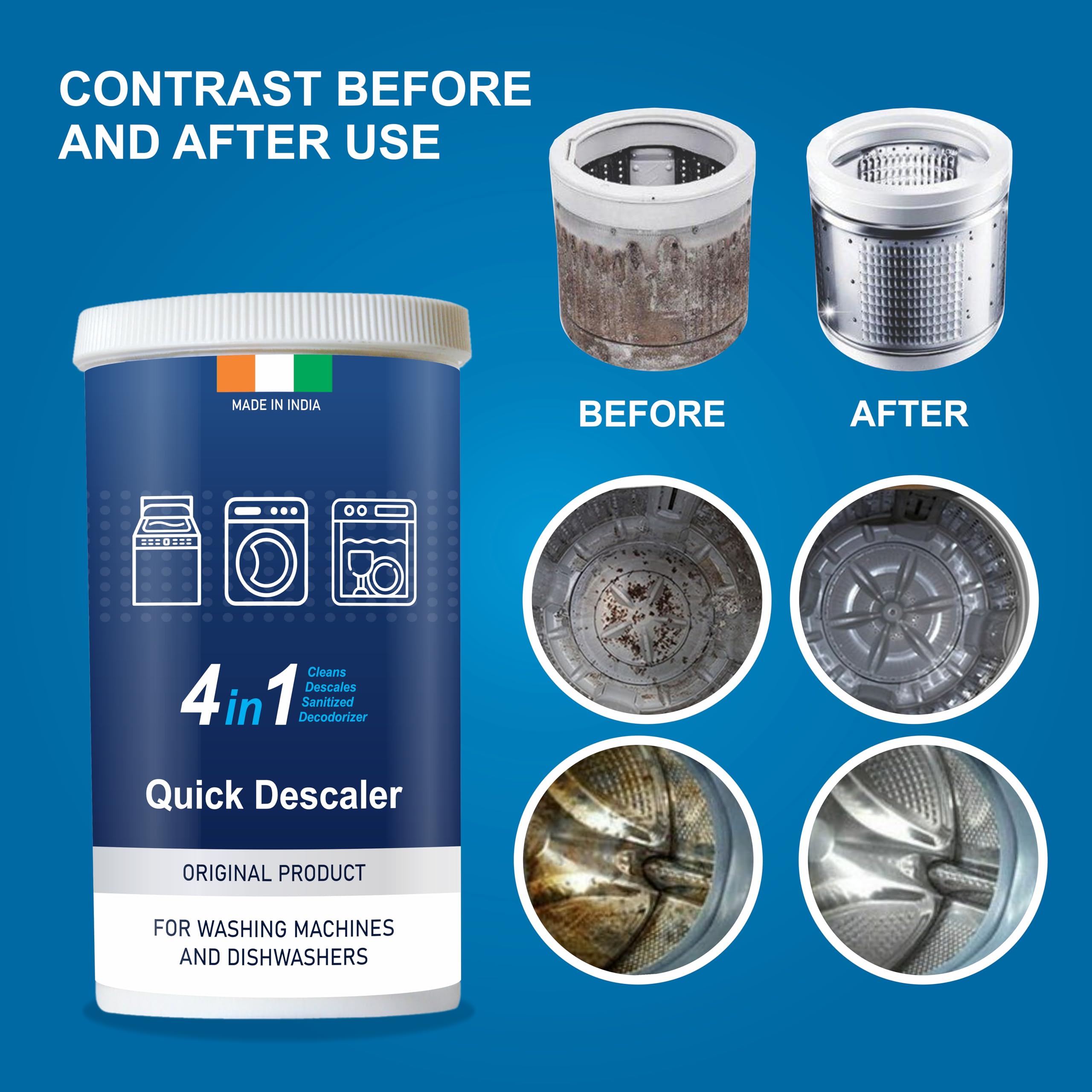 Washing Machine Descaler & Cleaner Powder - Front Load & Top Load Compatible, 250g | Removes Limescale & Odors for Fresh Laundry | Ideal for HE, LG, Samsung, Whirlpool Machines