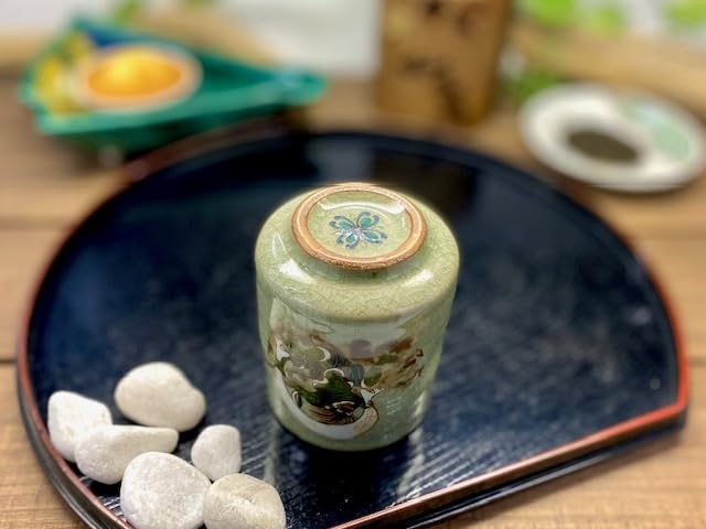 Premium Hyakkaen Kutaniyaki Japanese Ceramic Tea Cup - Traditional Wind God & Thunder God Design - Small Hot Water Drinking Cup with Unique Back Picture - Perfect for Tea Ceremonies, Home Decor & Gift Giving